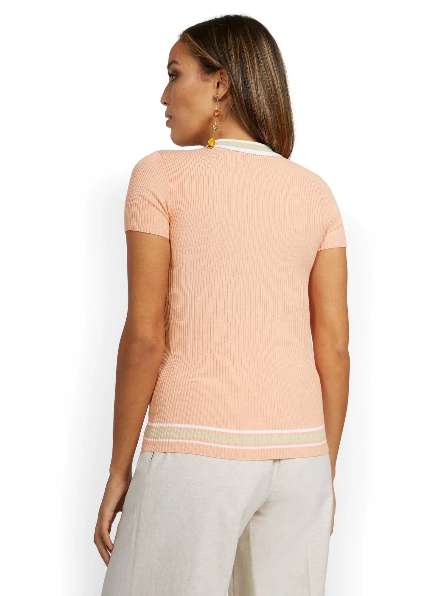 Short-Sleeve Stripe Rib Polo Sweater - Image 6