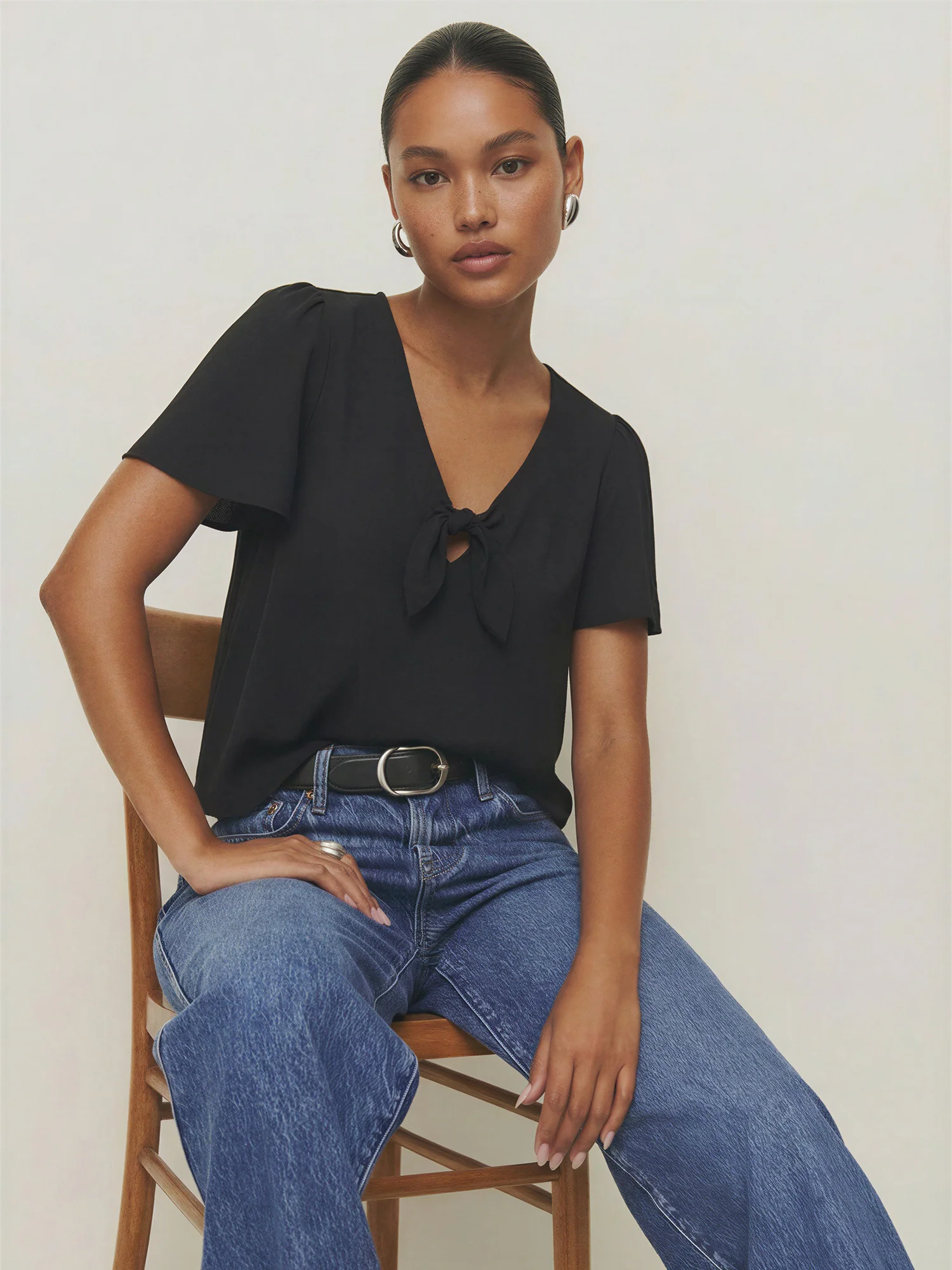 Short Sleeve Tie Front Blouse