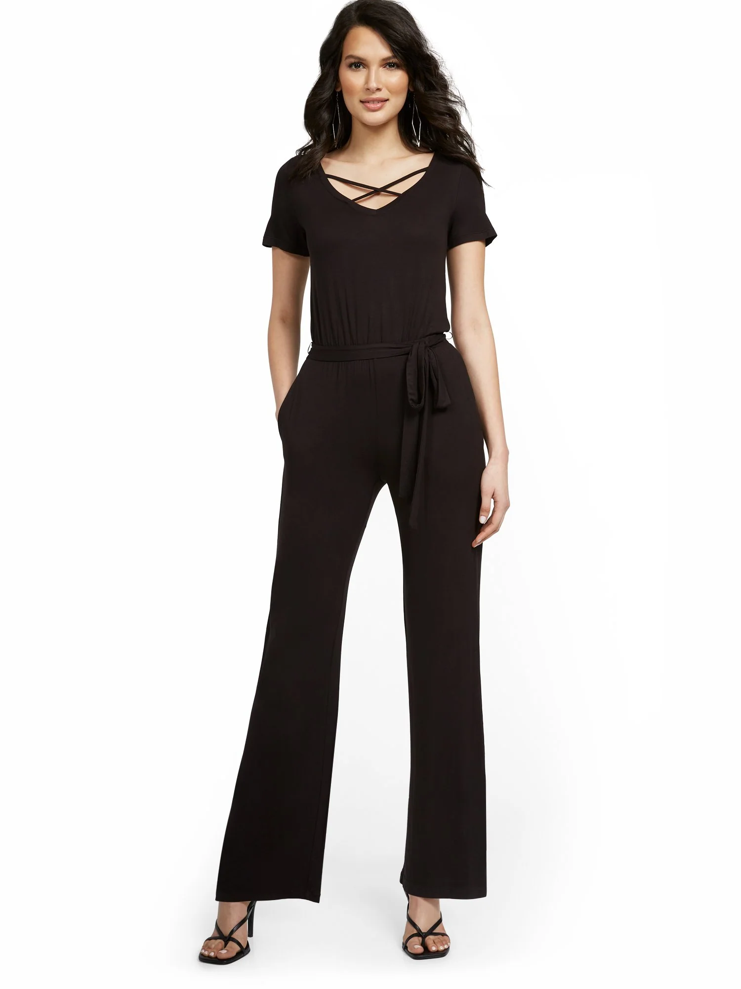 Short-Sleeve Tie-Front Knit Jumpsuit