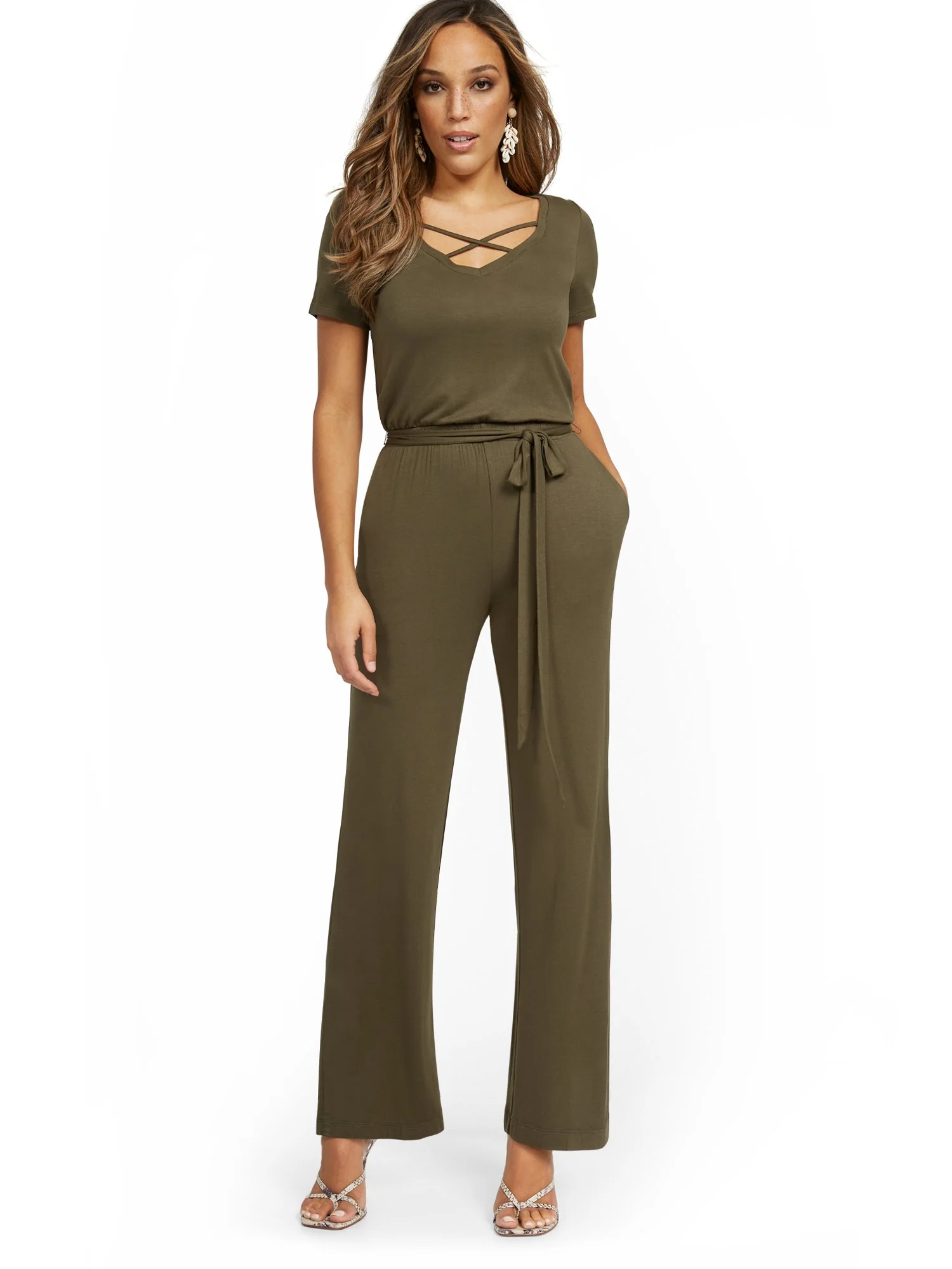 Short-Sleeve Tie-Front Knit Jumpsuit - Image 5