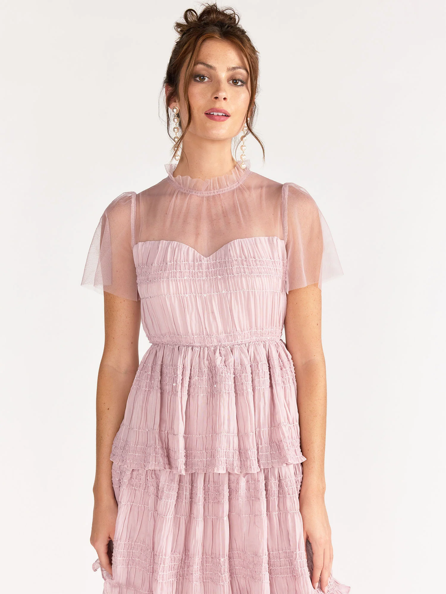 Just Me Short Sleeve Tiered Mesh Yoke Crinkled Midi Dress - Brands We Love - Image 2