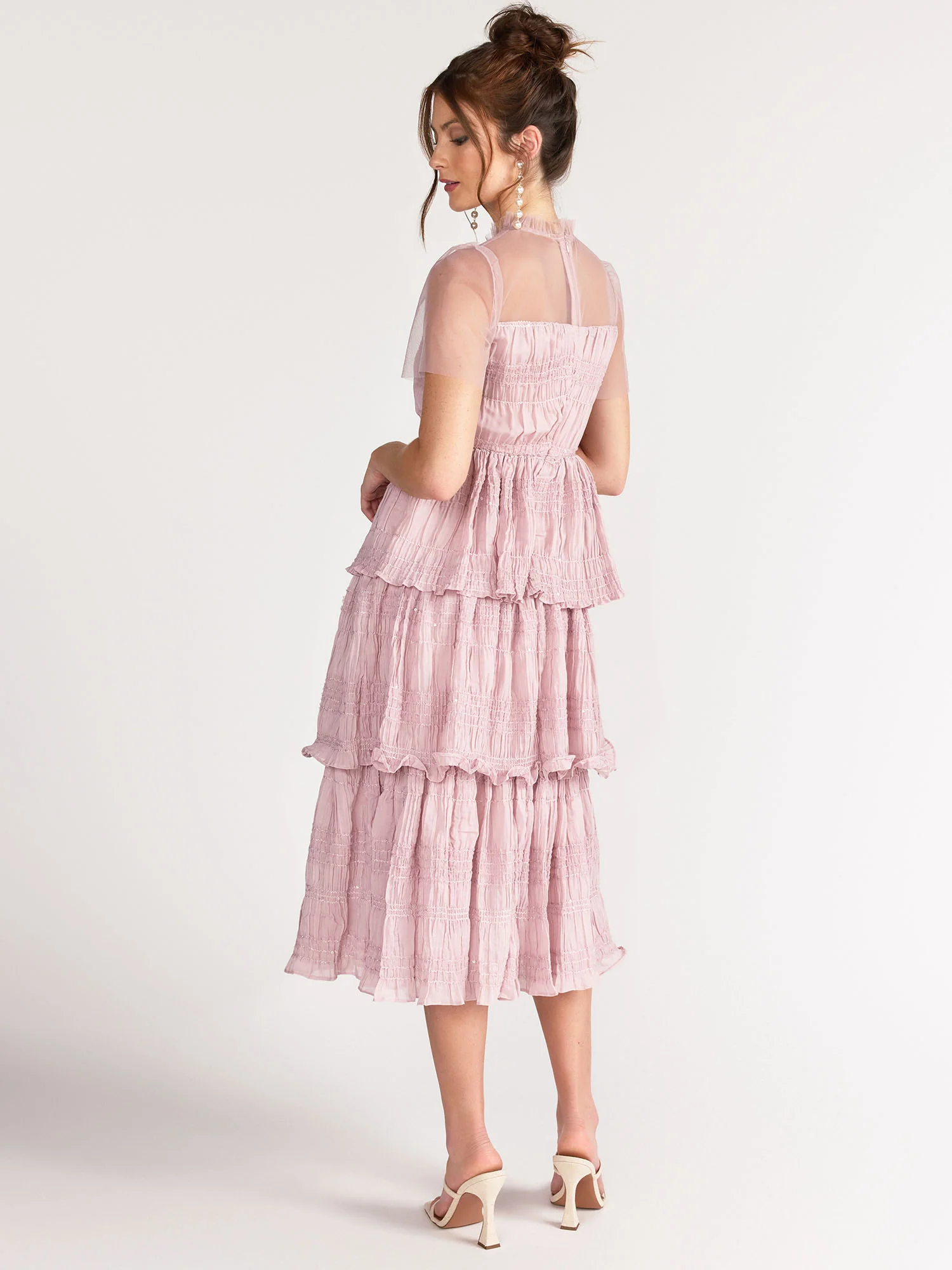 Just Me Short Sleeve Tiered Mesh Yoke Crinkled Midi Dress - Brands We Love - Image 4