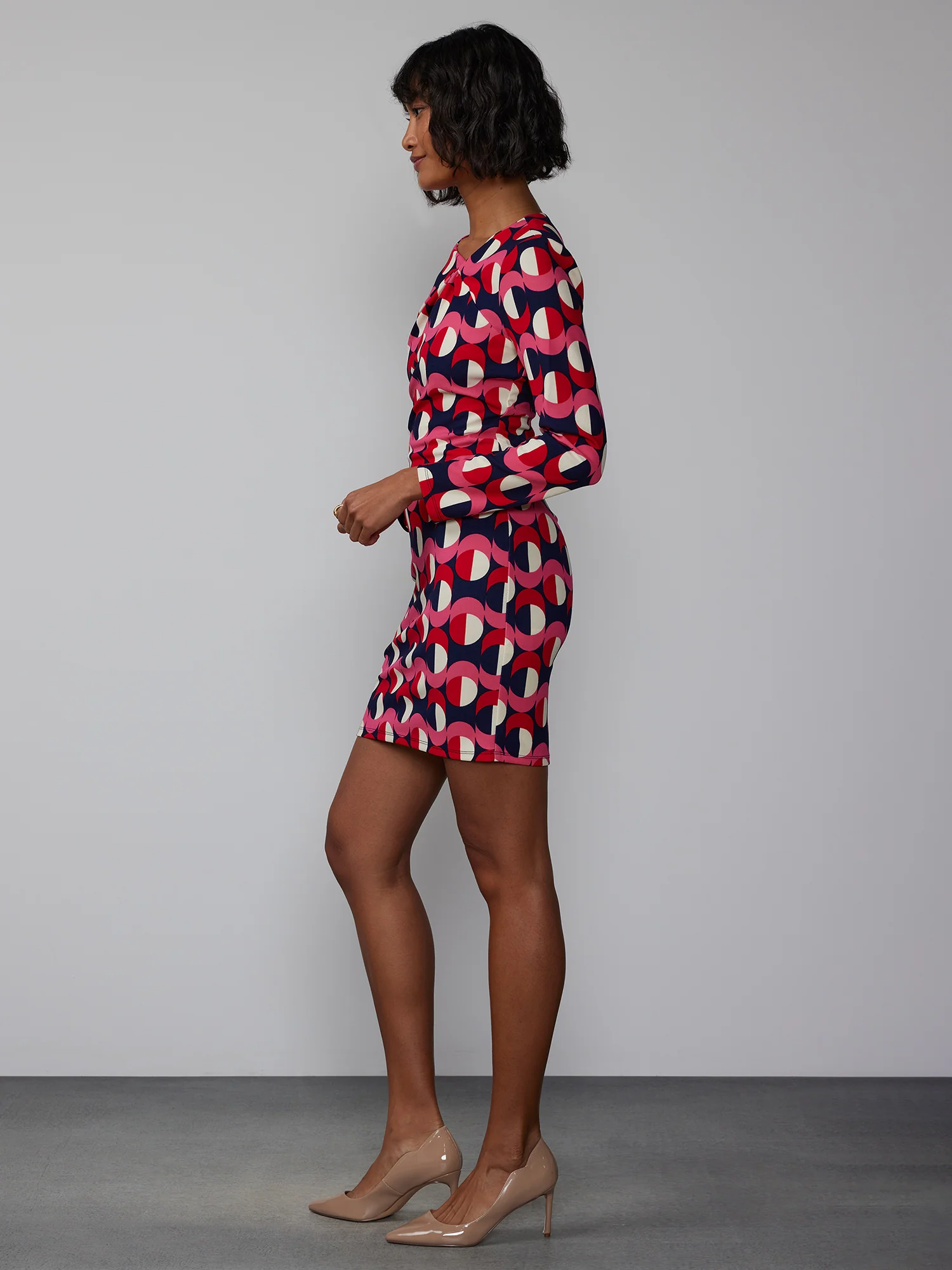 Long Sleeve Asymmetric Neckline Shift Dress - Image 2