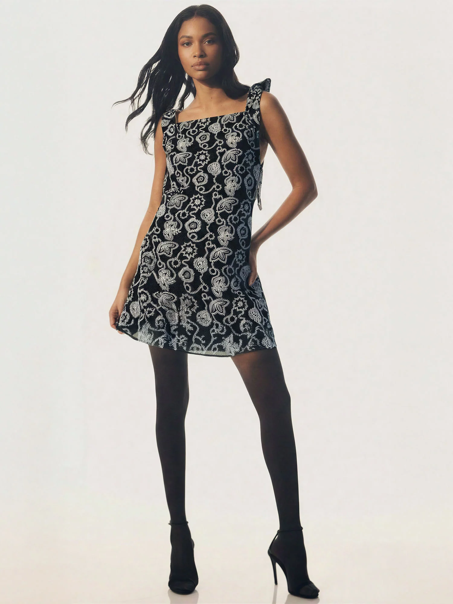 Simone Sleeveless Bow Shoulder Embrodiered Mini Dress - Image 3