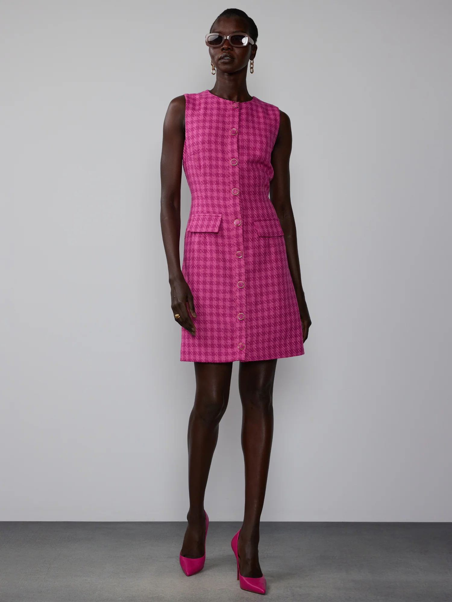 Sleeveless Button Front Tweed Shift Dress
