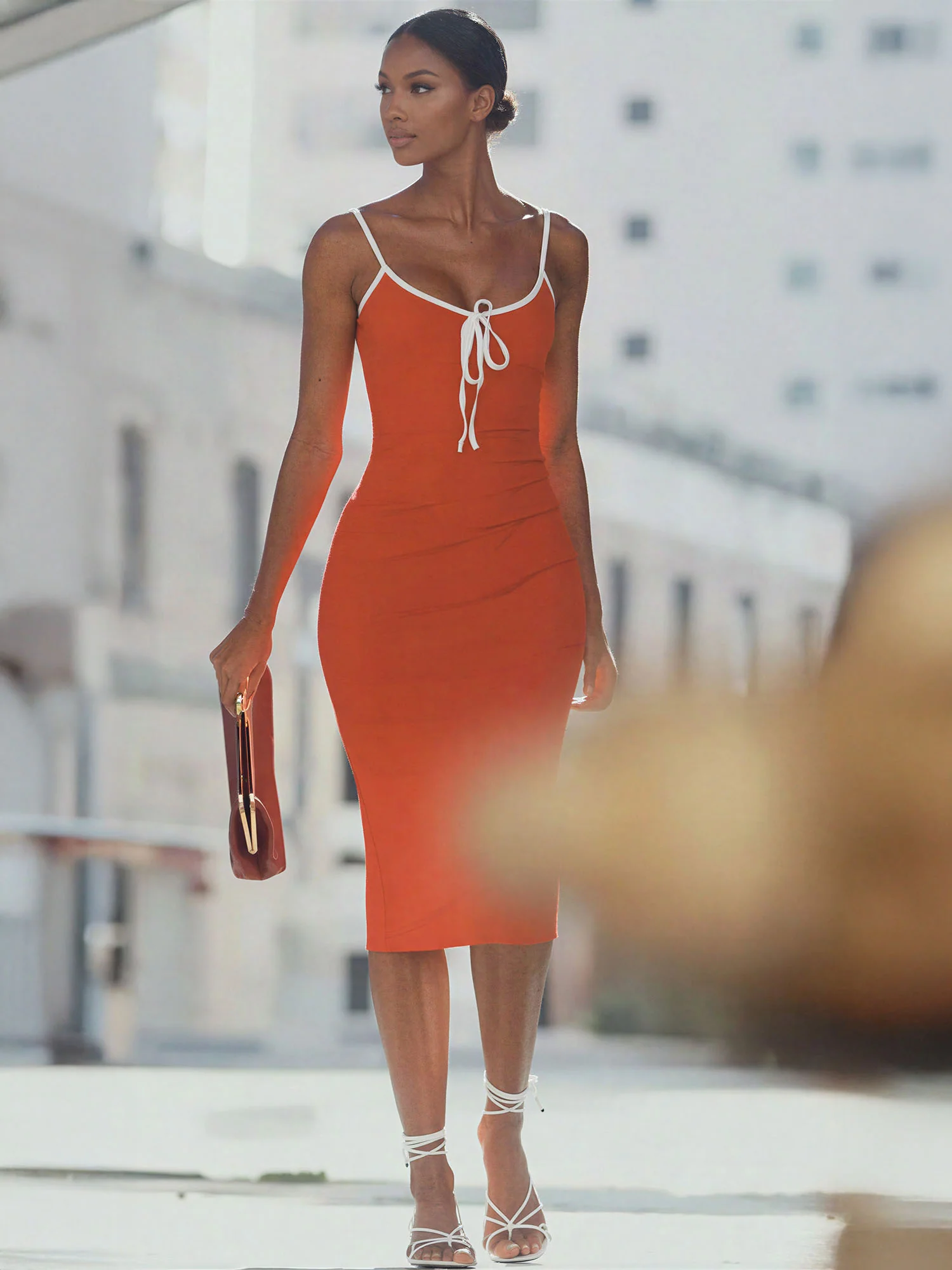 Contrast Trim Knit Bow Tank Midi Dress