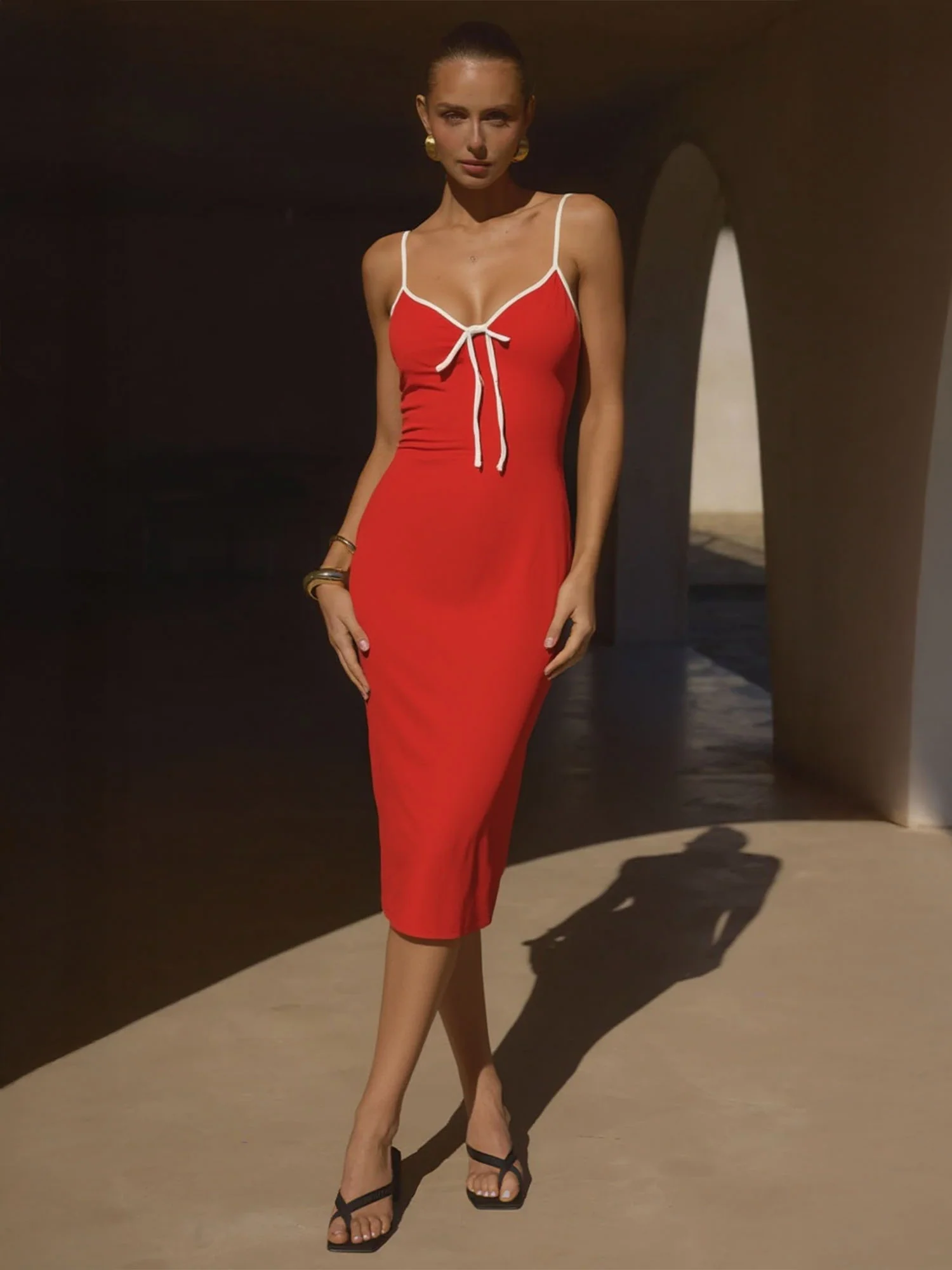 Contrast Trim Knit Bow Tank Midi Dress - Image 2