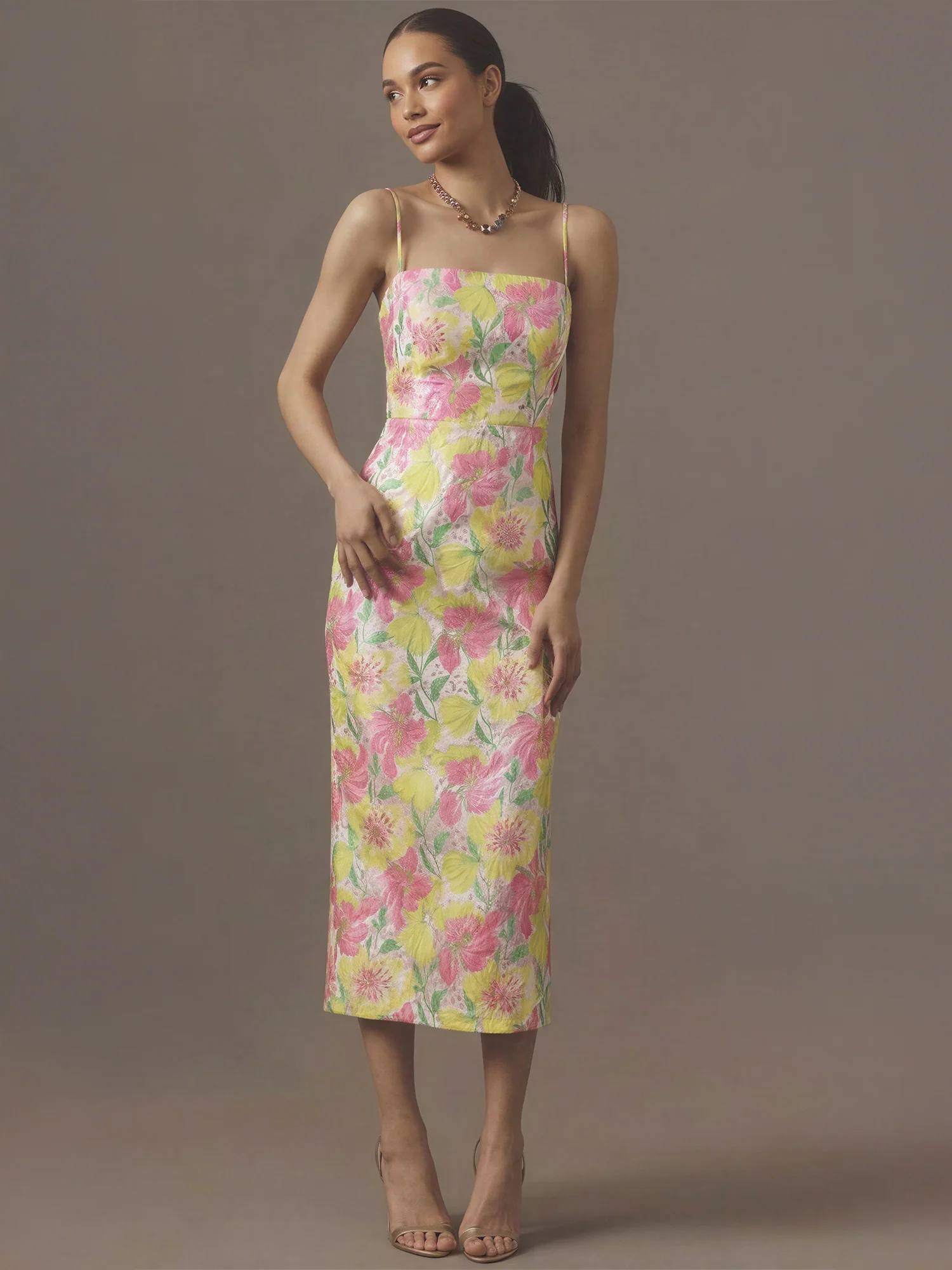Floral Jacquard Slit Midi Cocktail Dress