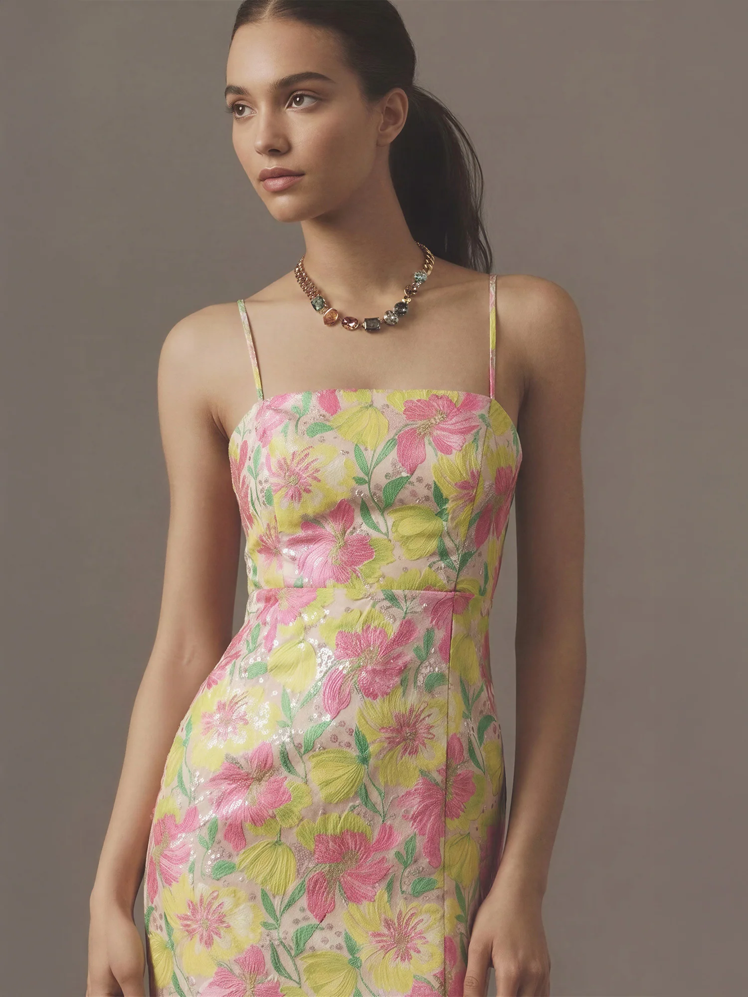 Floral Jacquard Slit Midi Cocktail Dress - Image 2
