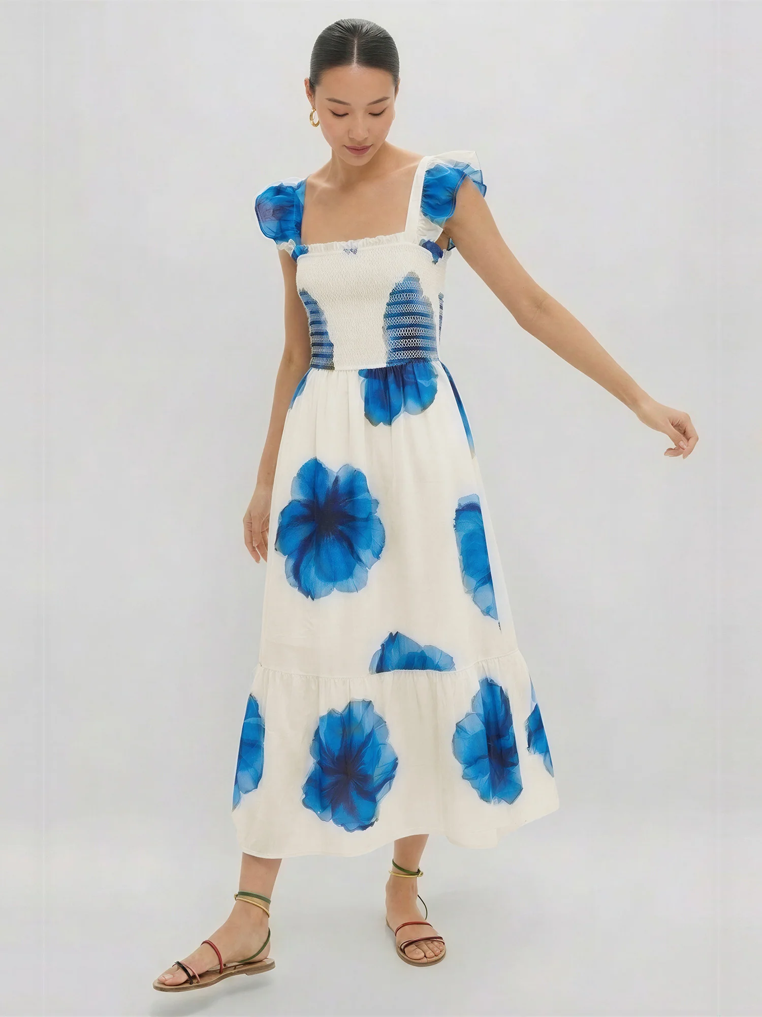 Sleevless Flutter Sleeve Bold Floral Nap Maxi Dress