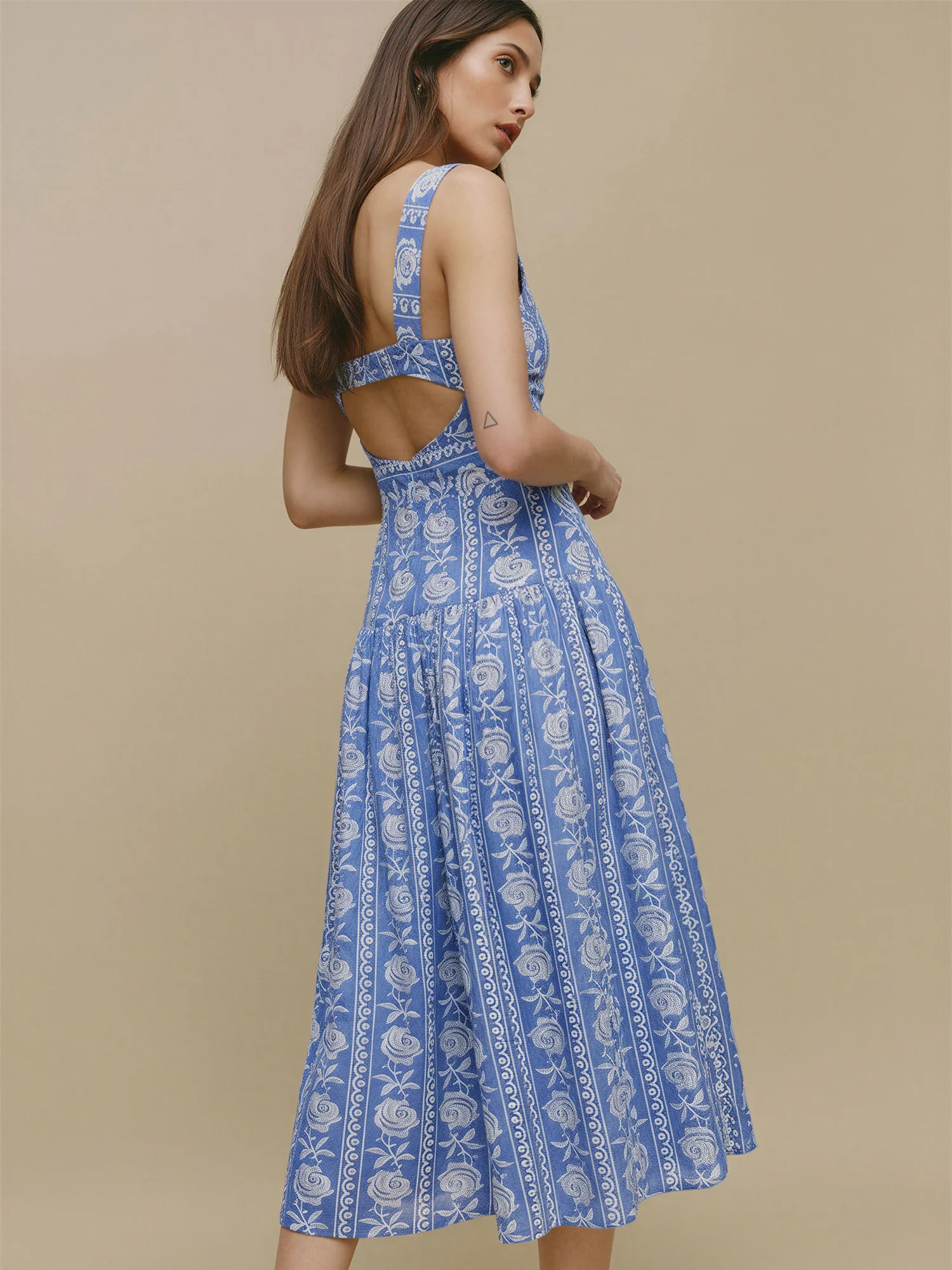 Rose Embroidered Tie Waist Square Neck Midi Dress - Image 3