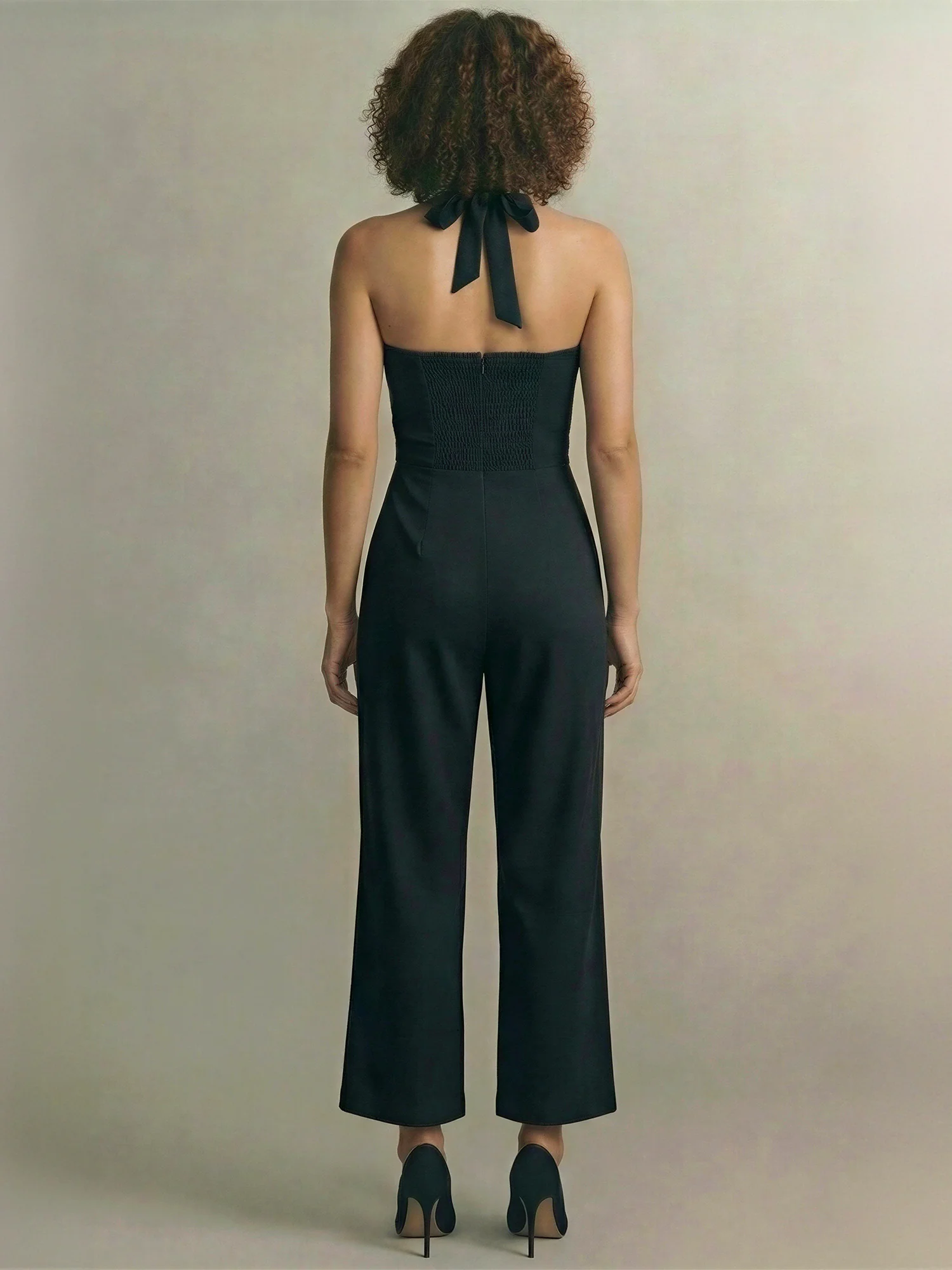 Sleeveless Halter Neck Tie Linen Blend Jumpsuit - Image 4