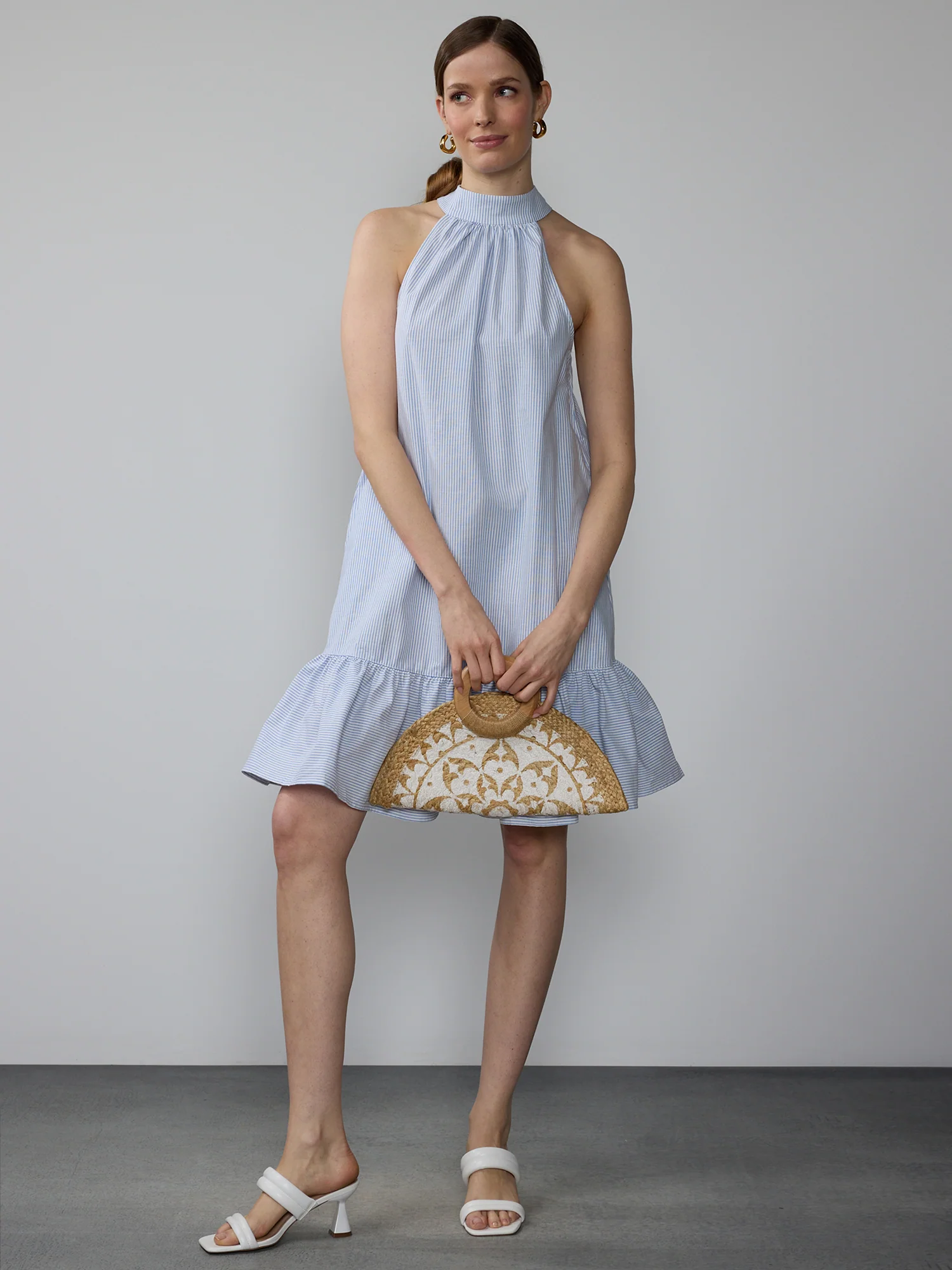 Sleeveless Halter Neck Bow Back Stripe Mini Dress