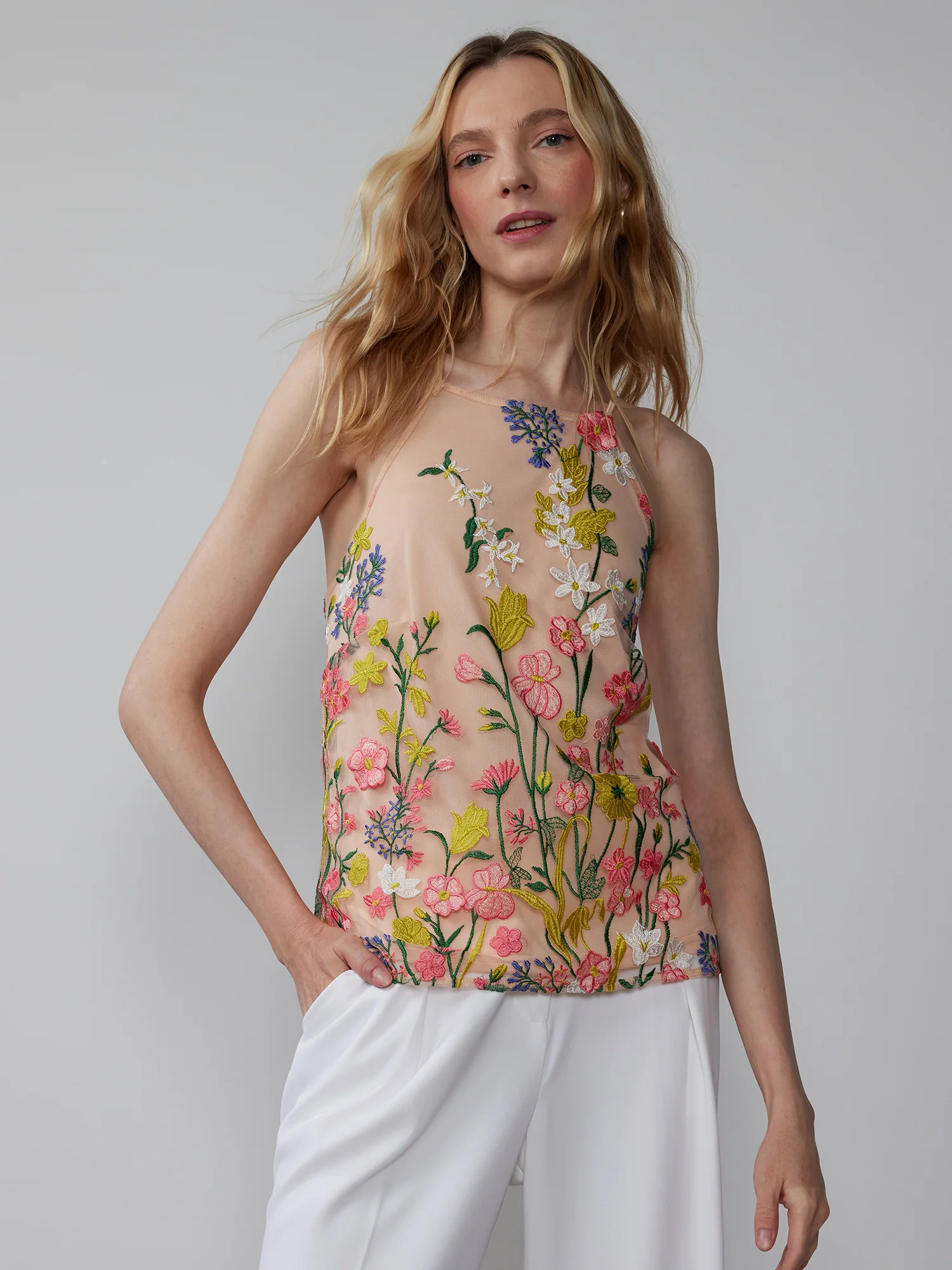 Sleeveless Halter Neck Embroidered Tank