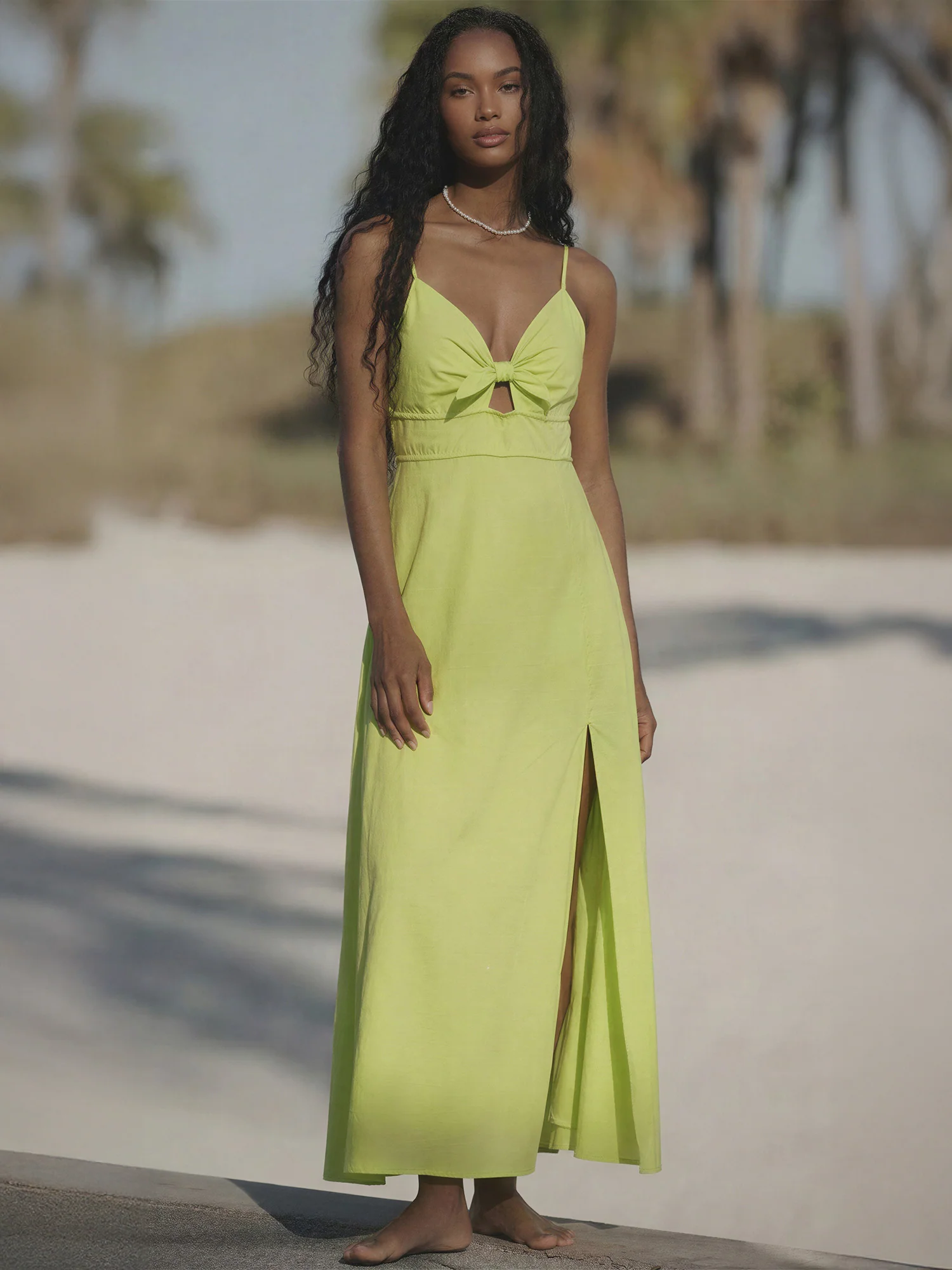 Knot Front Linen Slit Front Midi Dress