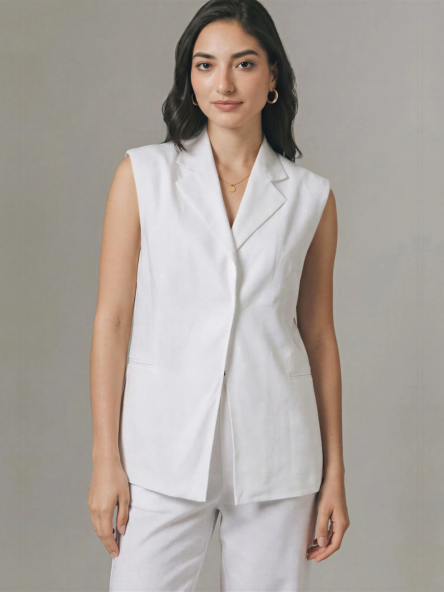 Sleeveless Linen Blend Blazer Vest - Image 6