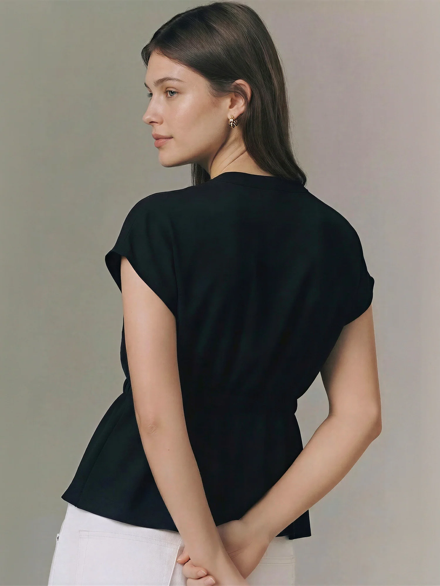 Sleeveless Mandrian Collar Crepe Drawstring Pull Shirt - Image 8