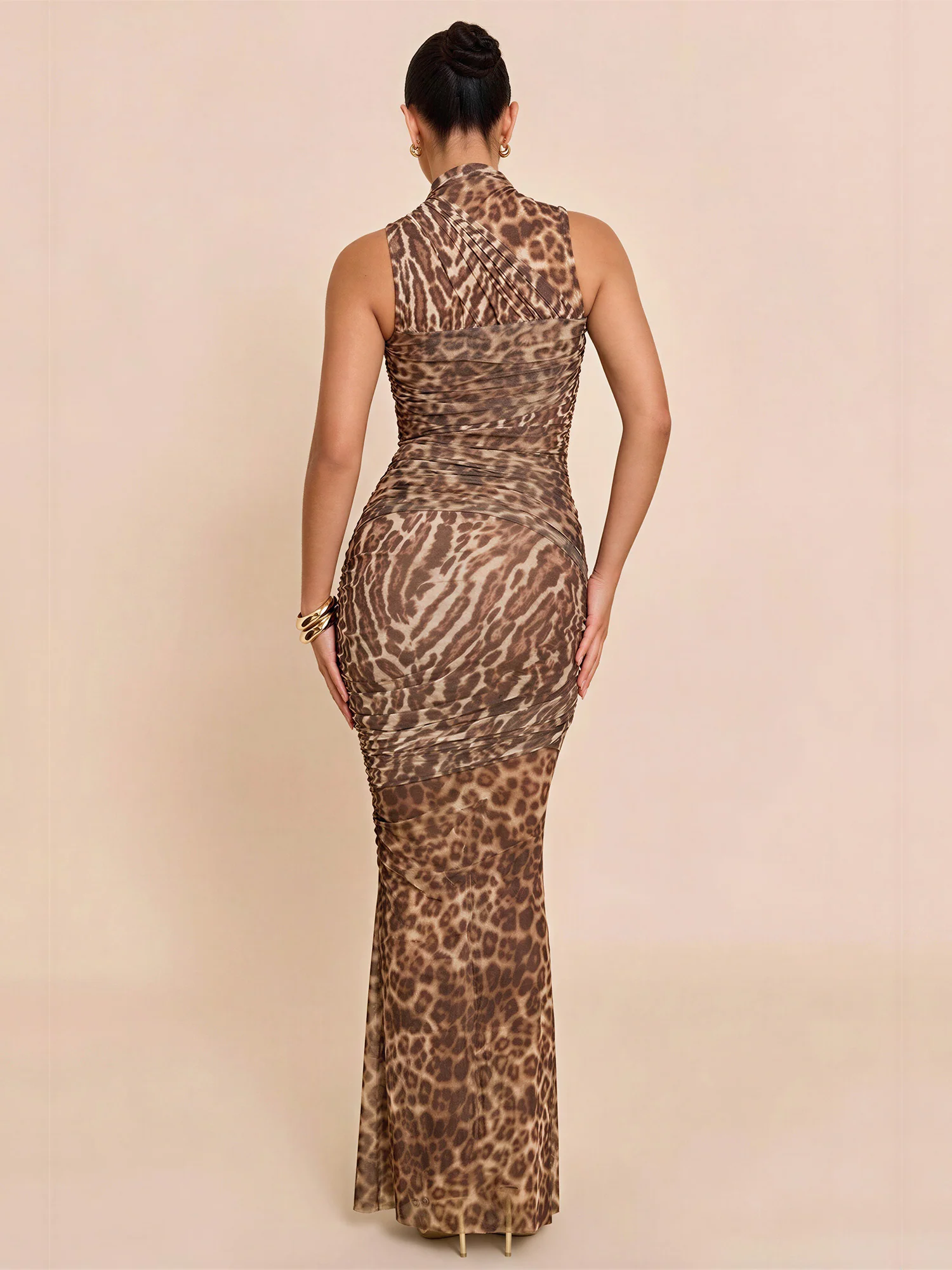 Sleeveless Mock Neck Mesh Leopard Gown - Image 3