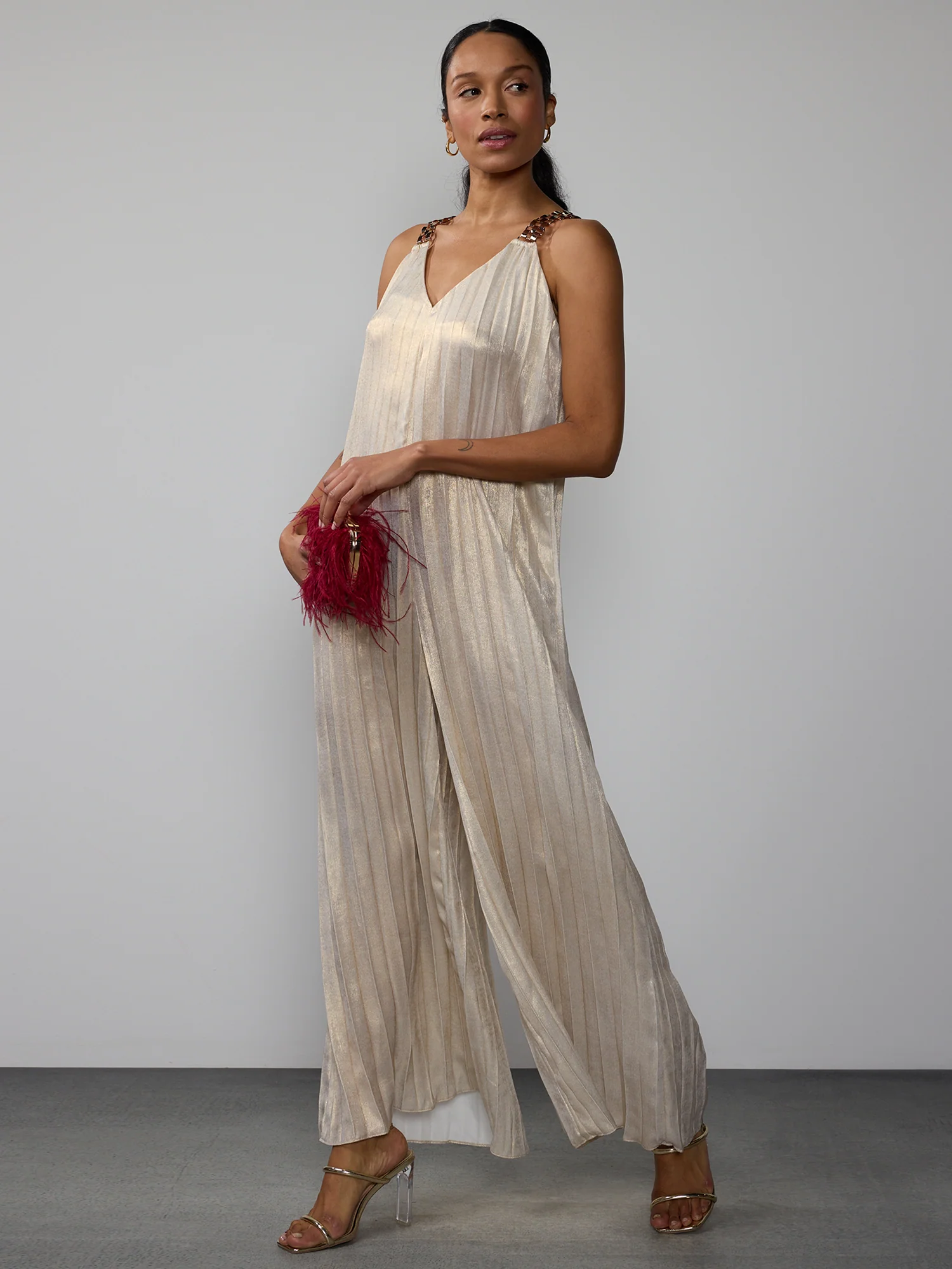 Sleeveless Metallic Pleated Plisse Jumpsuit - Image 6