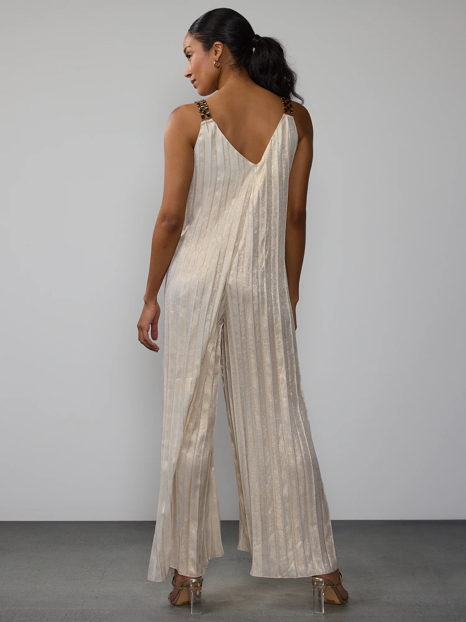 Sleeveless Metallic Pleated Plisse Jumpsuit - Image 8
