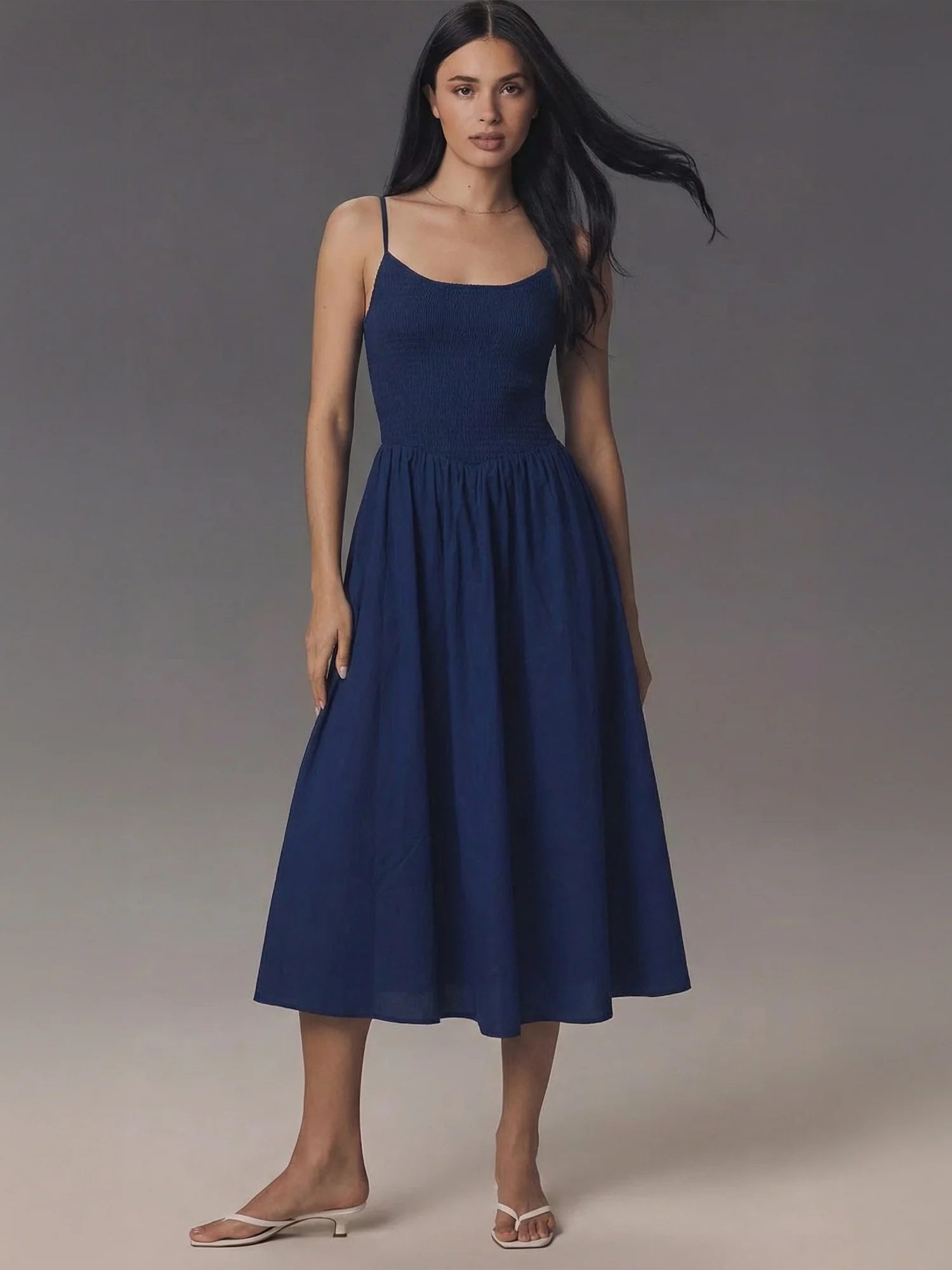Sleeveless Smocked Bodice Cotton Poplin Midi Sun Dress
