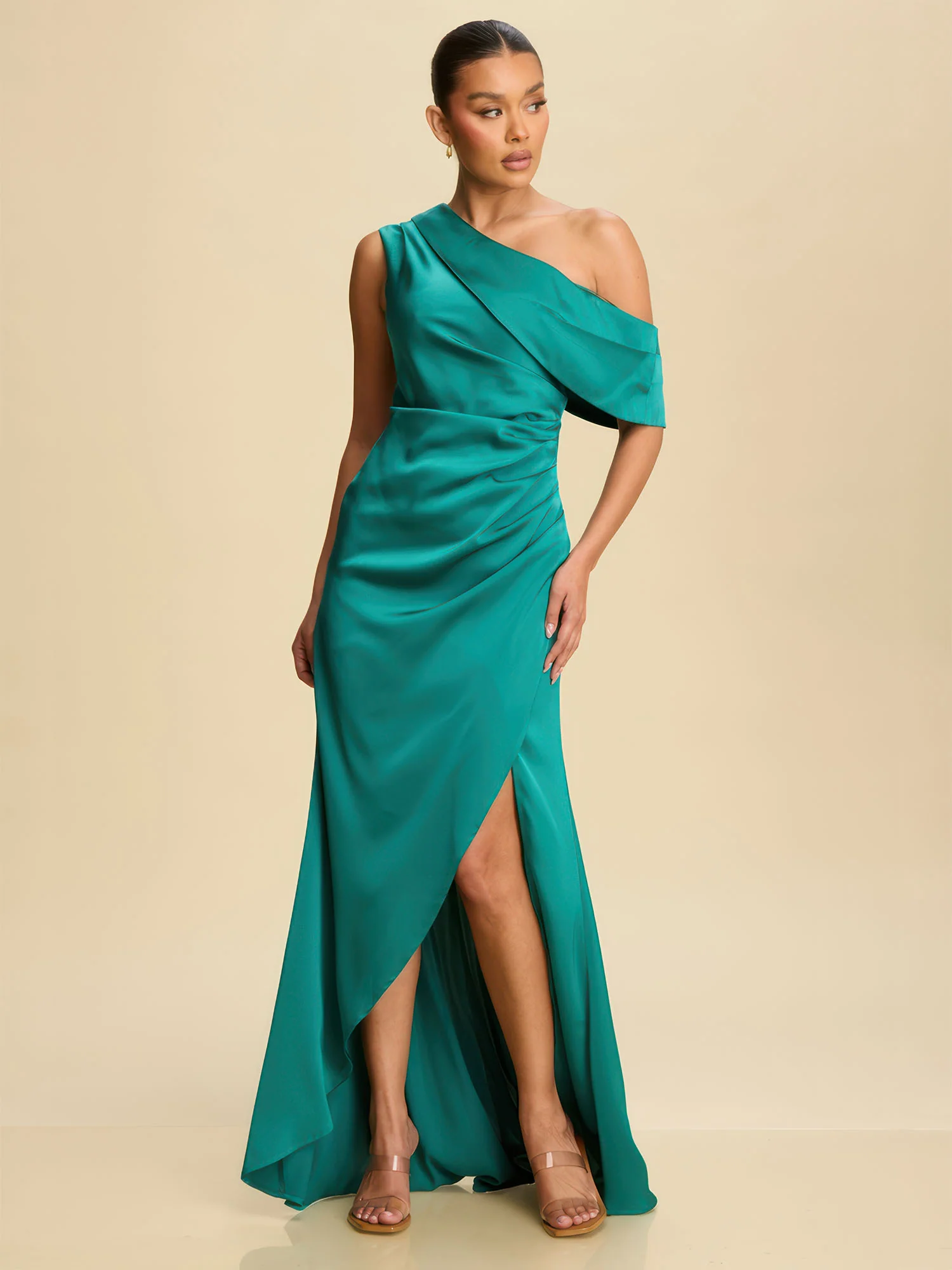 Sleeveless Ruched Satin Bodycon Gown - Image 14