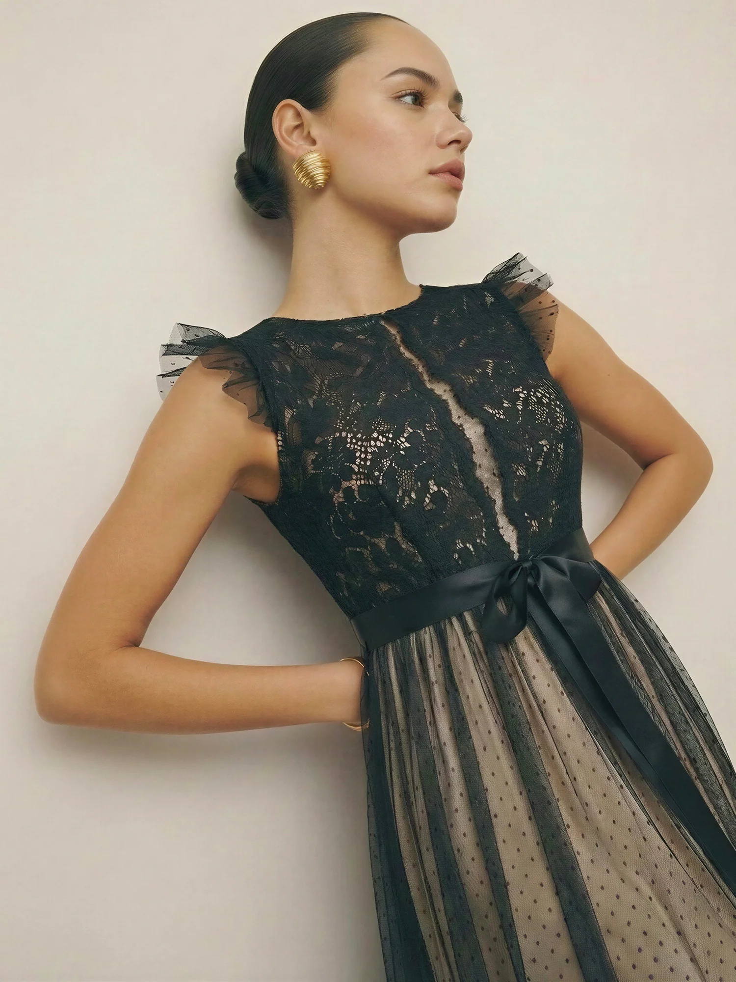 Ruffled Mesh Long Tie Front Midi Dress - Image 2