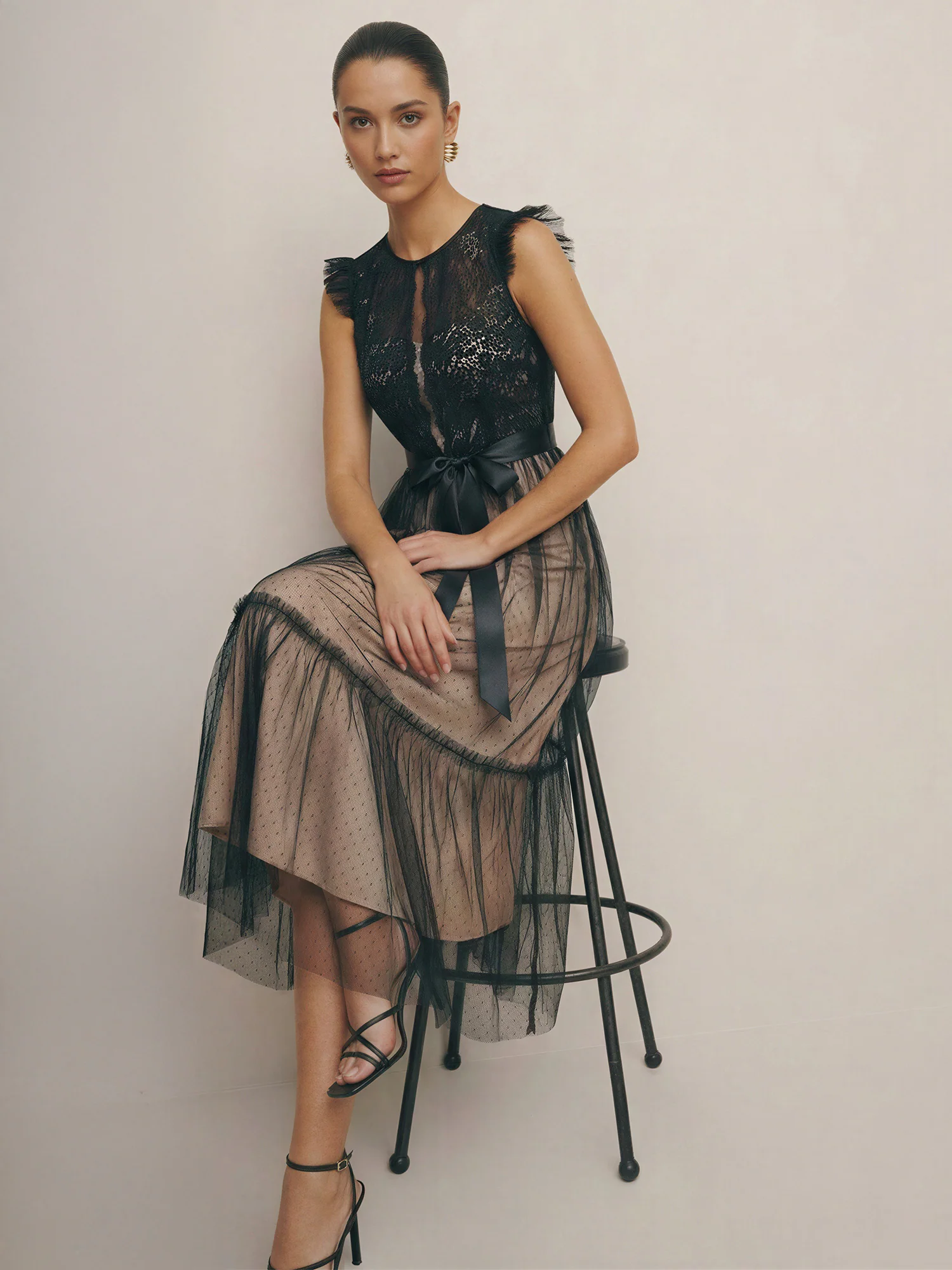 Ruffled Mesh Long Tie Front Midi Dress - Image 3