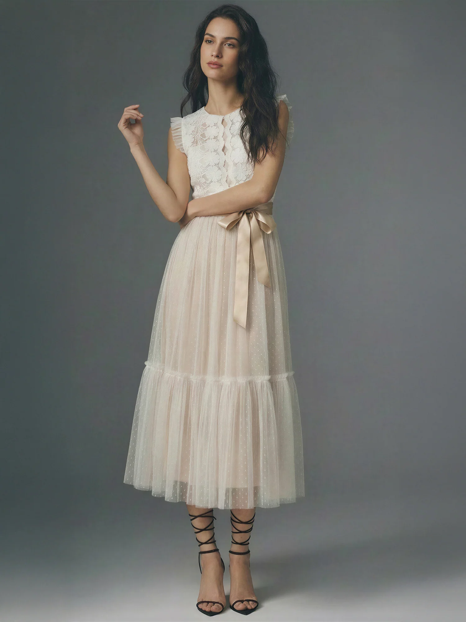 Ruffled Mesh Long Tie Front Midi Dress - Image 6