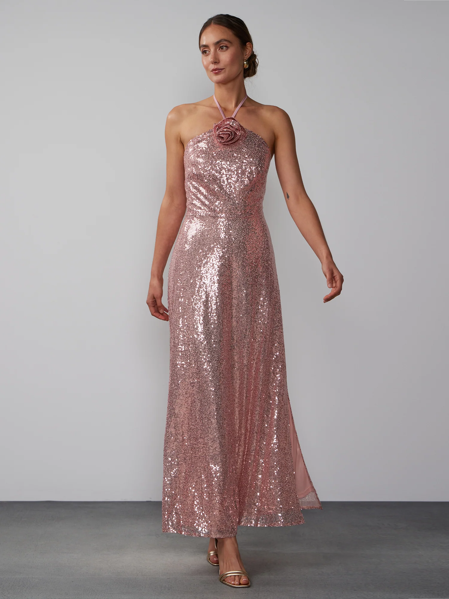 Halter Rosette Sequin Dress
