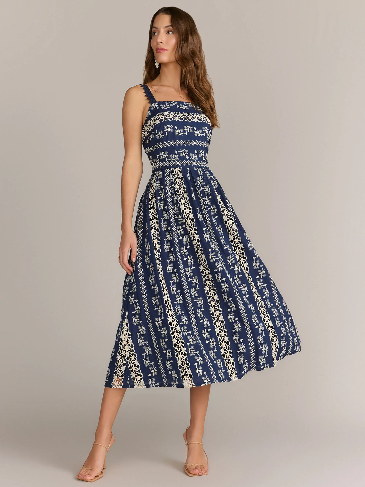 Just Me Square Neck Stripe Eyelet Midi Dress - Brands We Love