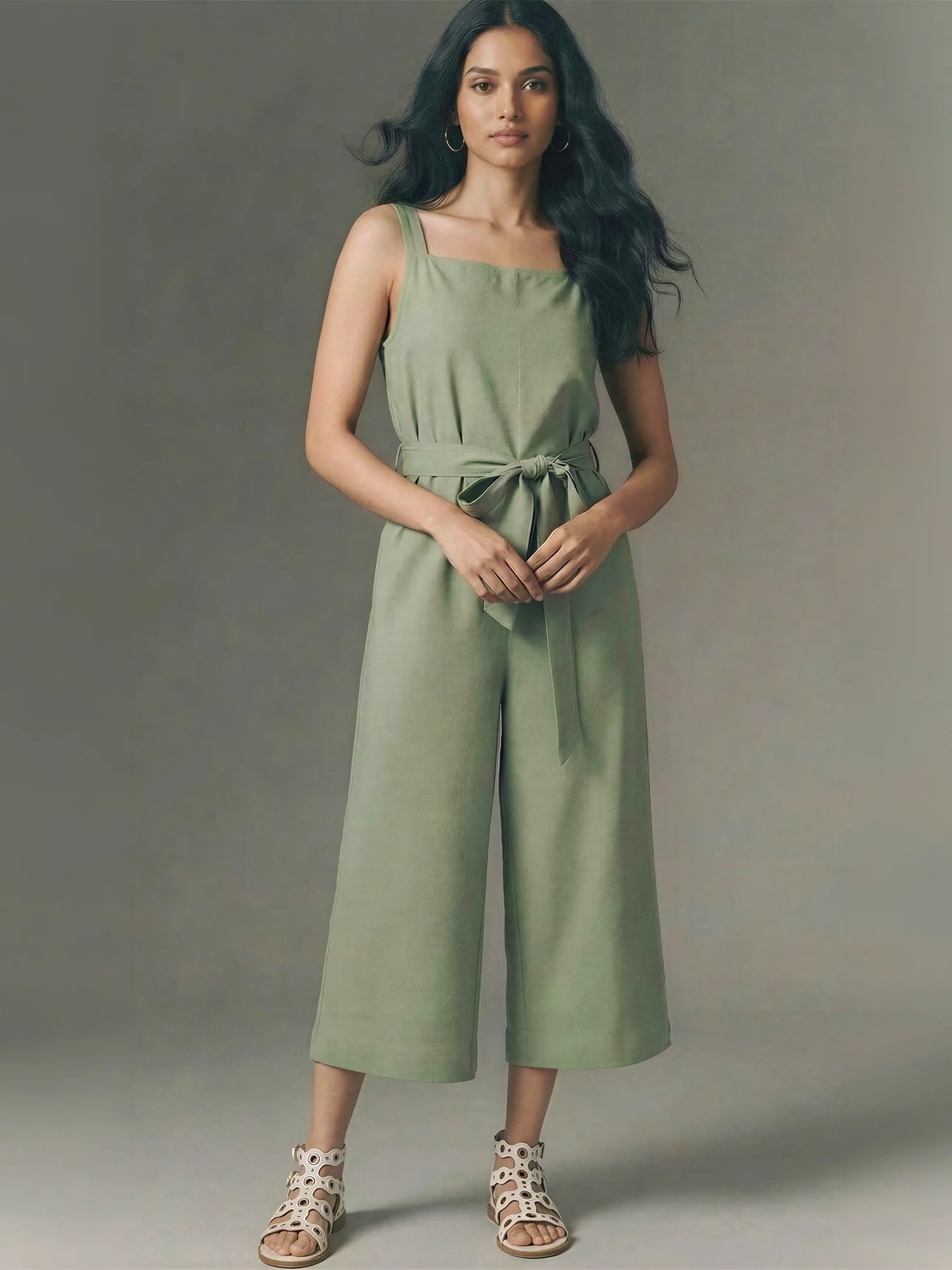 Sleeveless Square Neck Linen Blend Jumpsuit - Image 5
