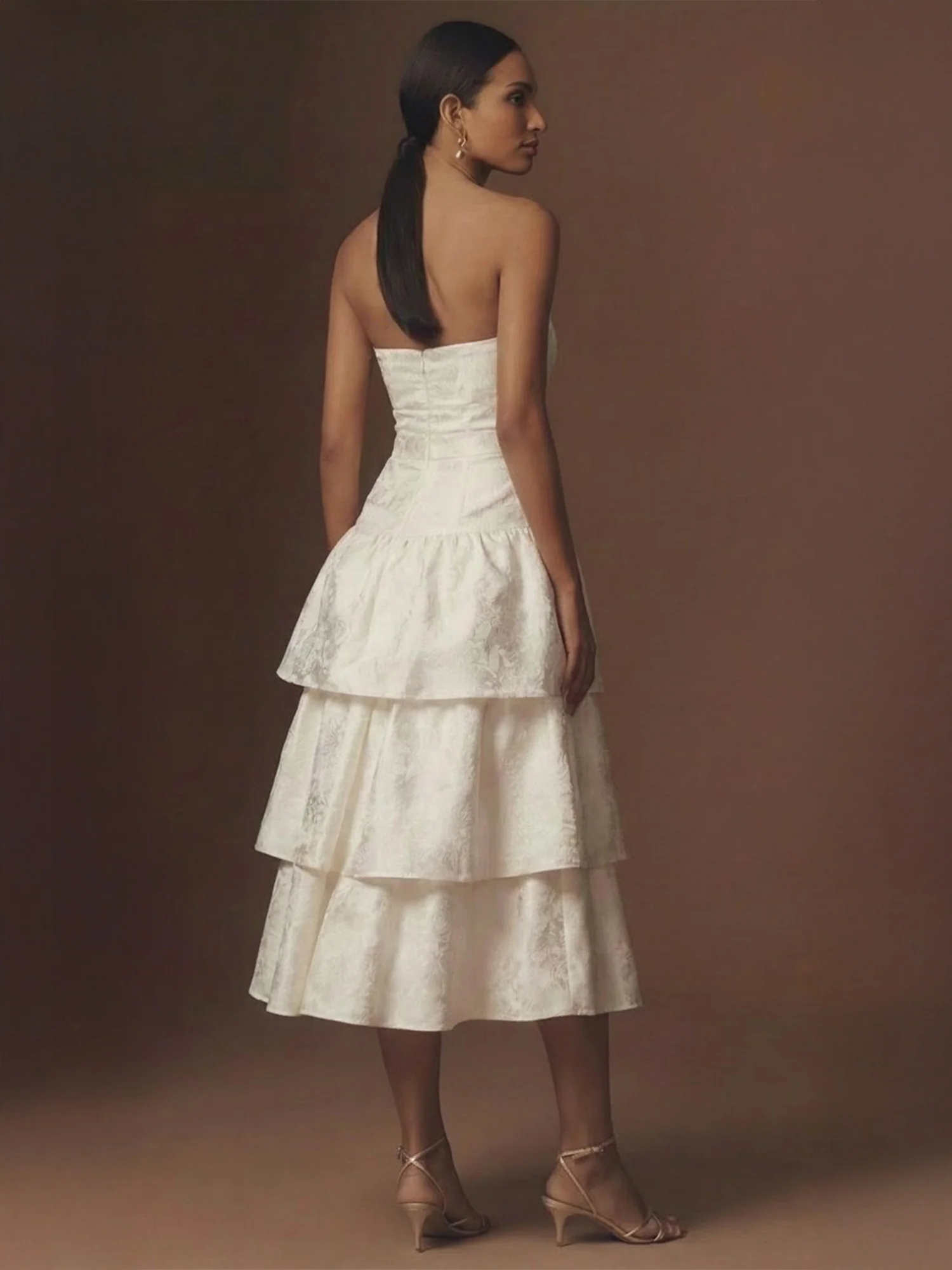 Strapless Tube Waist Tie Tiered Midi Dress - Image 3