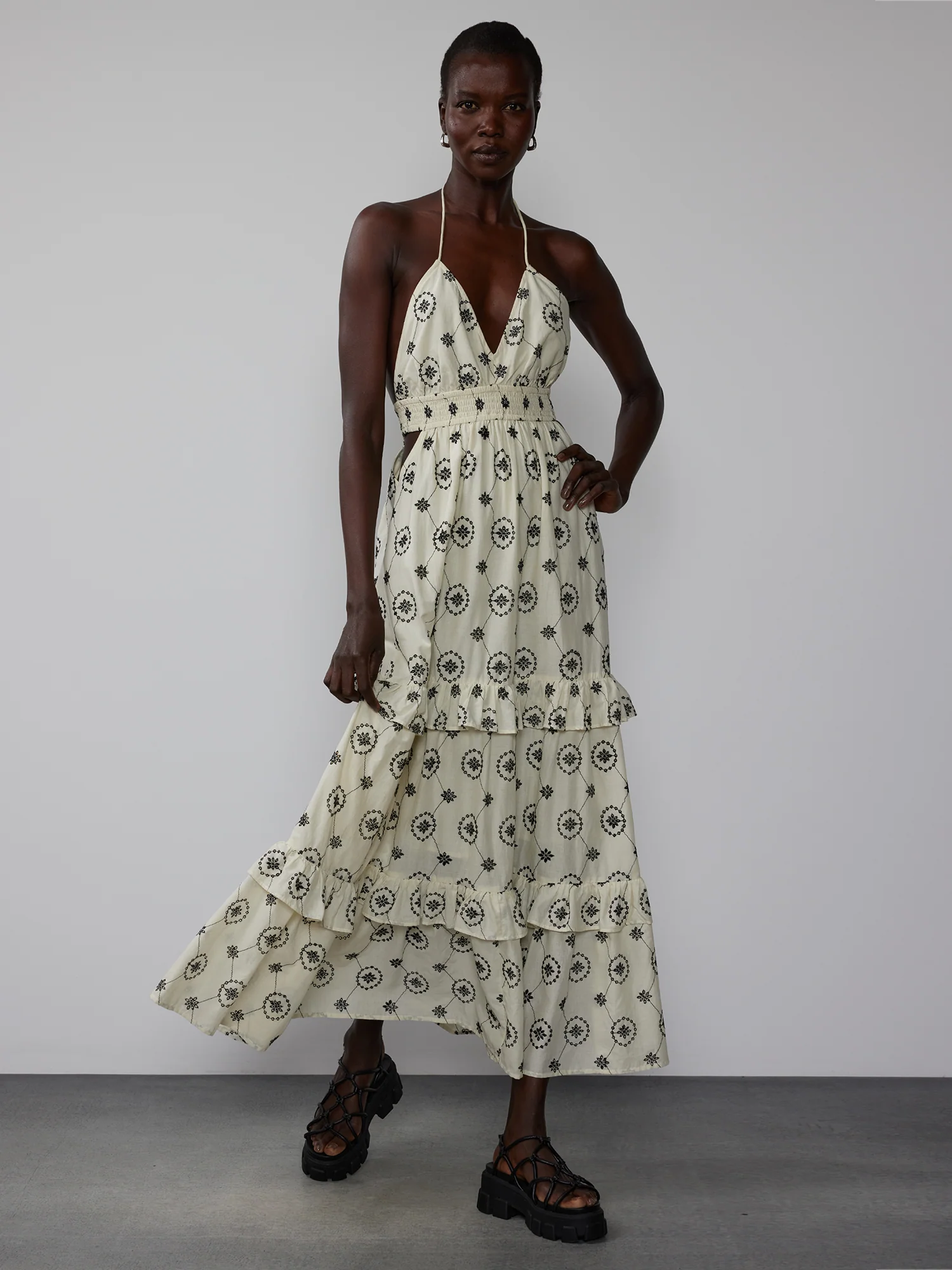 Sweetheart Neck Medallion Print Ruffle Trim Dress