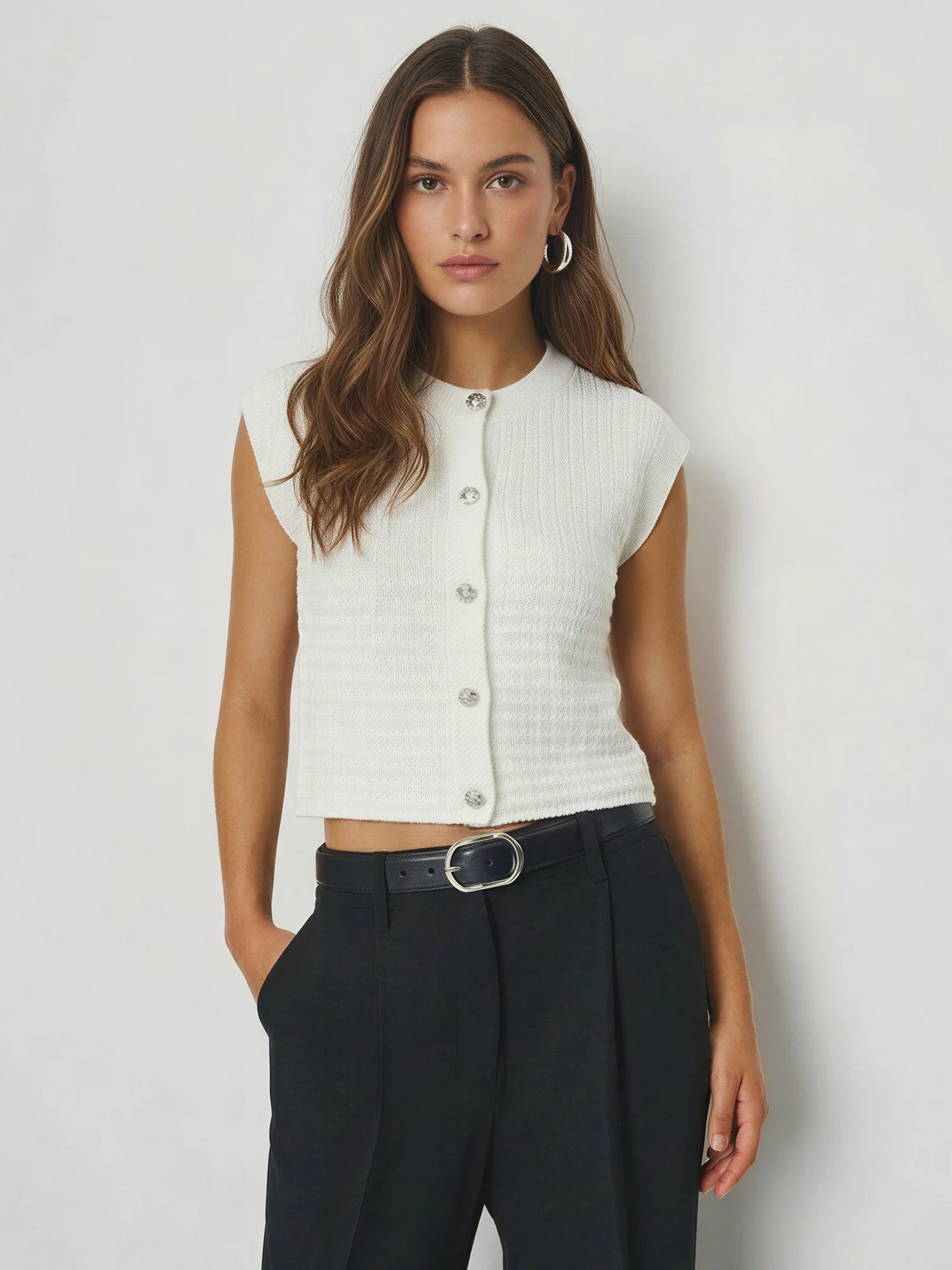 Sleeveless Textured Knit Lady Button Sweater Vest - Image 3