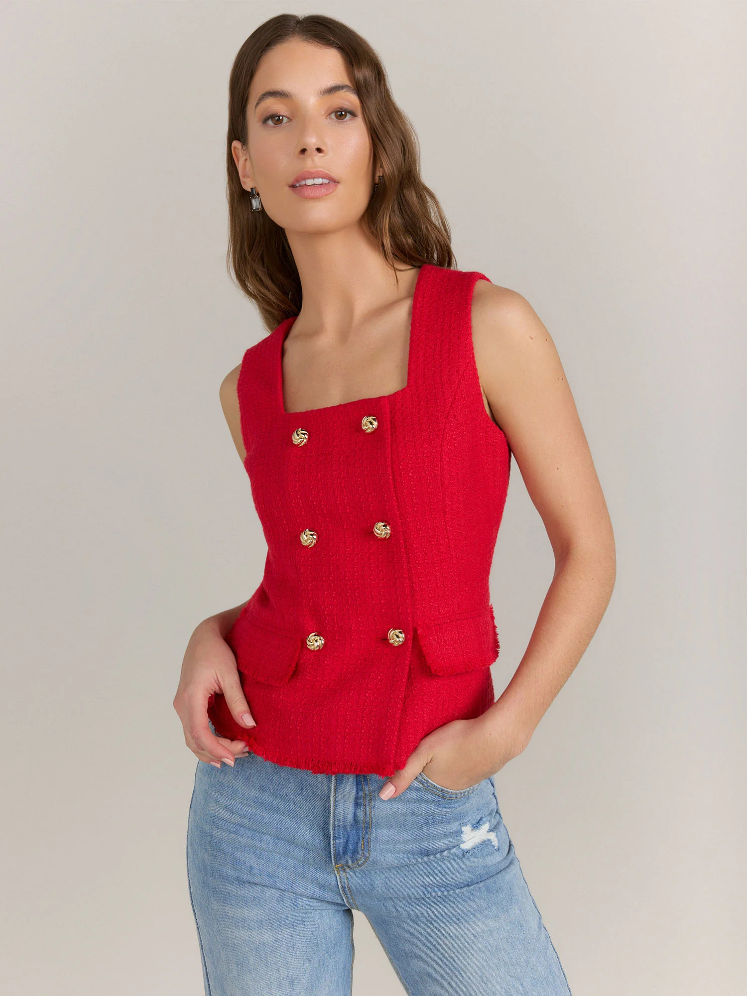 Endless Rose Sleeveless Tweed Double Breasted Tailored Top - Brands We Love