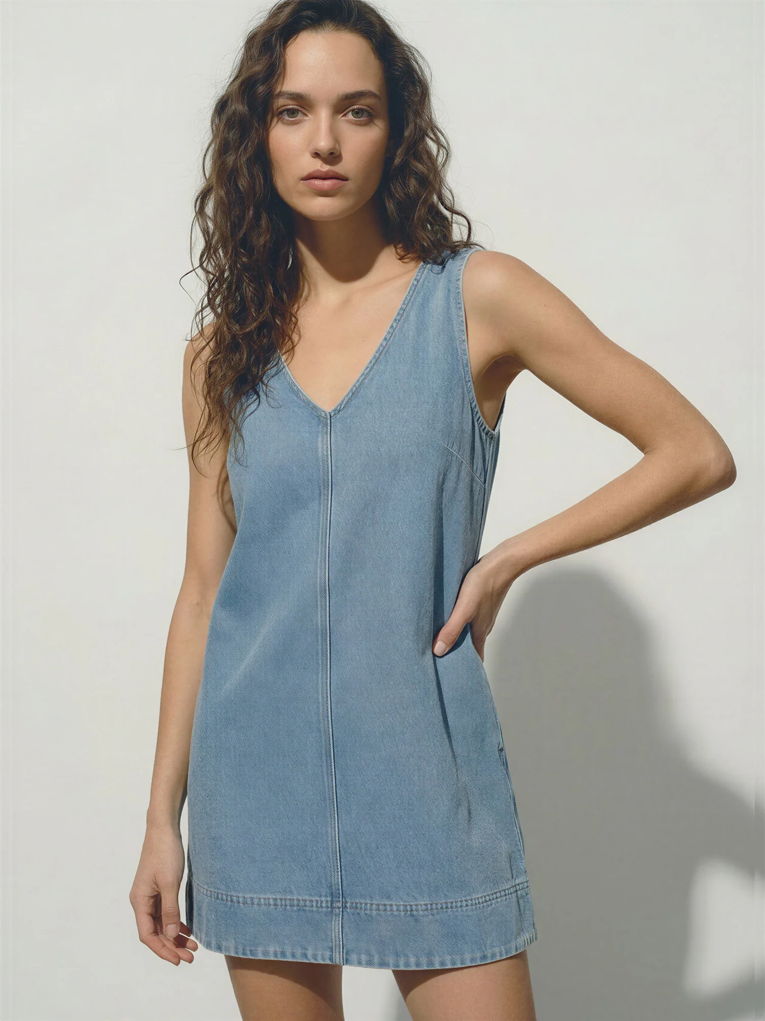 Sleeveless V Neck Denim Shift Dress
