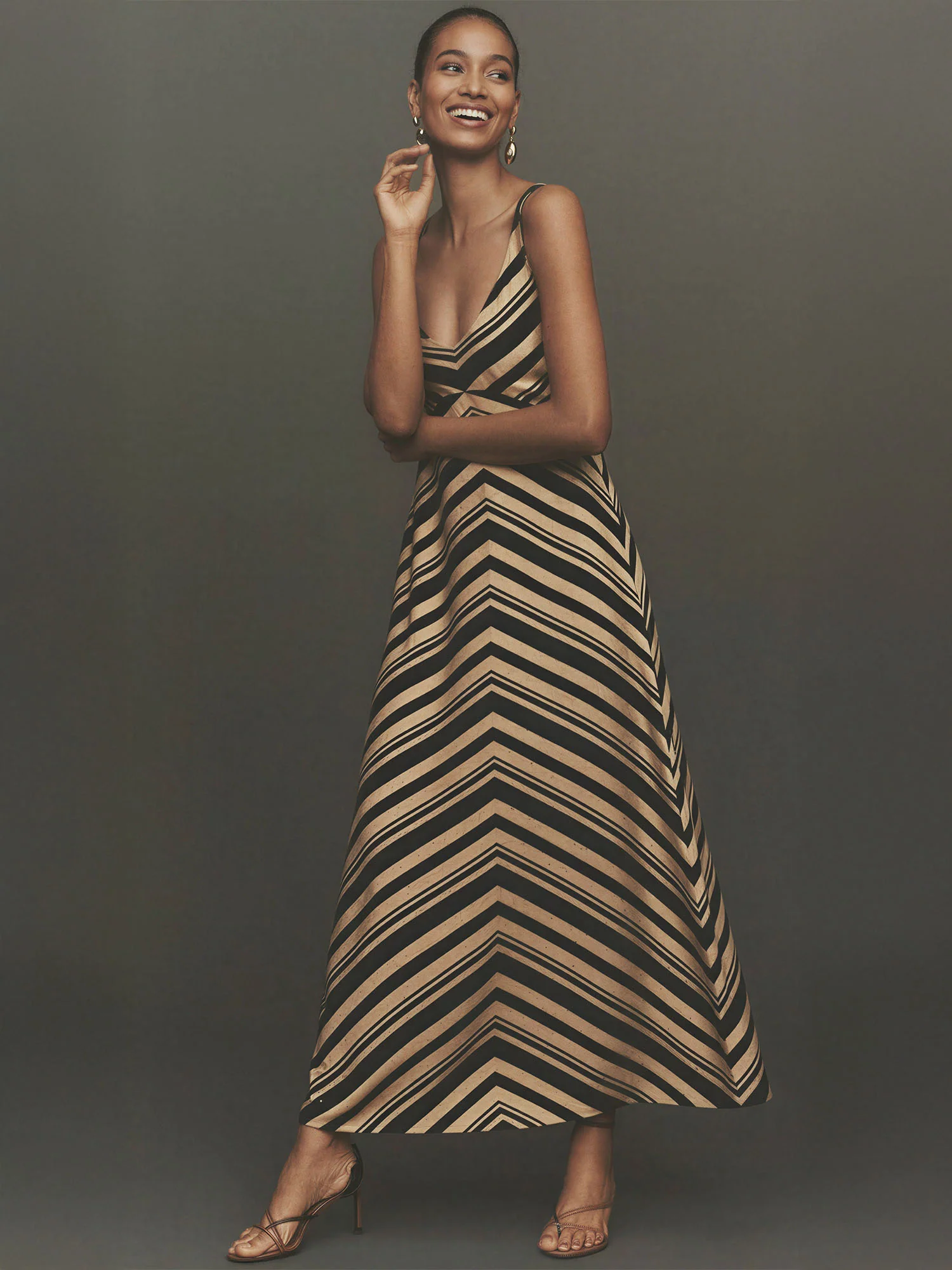 V Neck Stripe Midi Sweater Dress