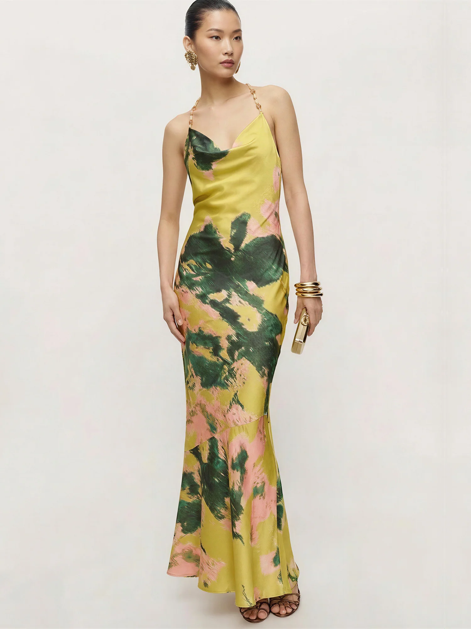 Sleeveless Watercolor Floral Beaded Straps Satin Gown