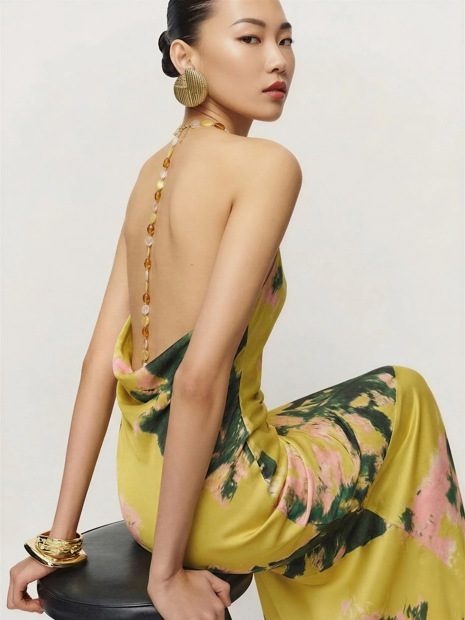 Sleeveless Watercolor Floral Beaded Straps Satin Gown - Image 2