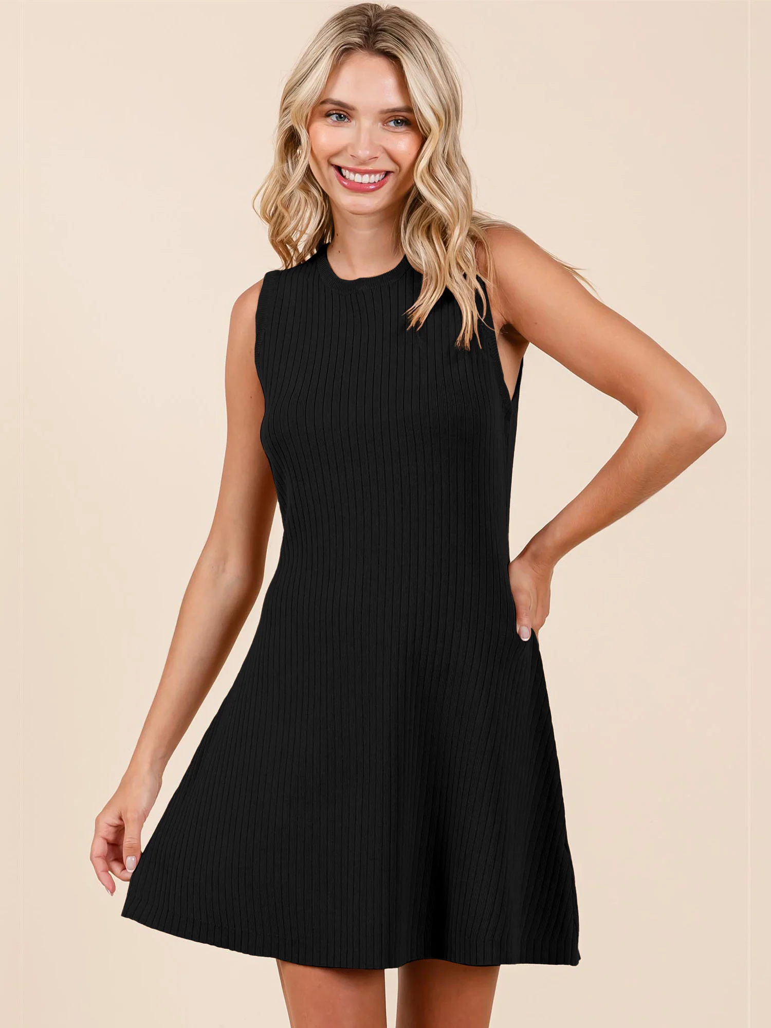 Sleeveless Rib Knit Shift Mini Dress - Image 5
