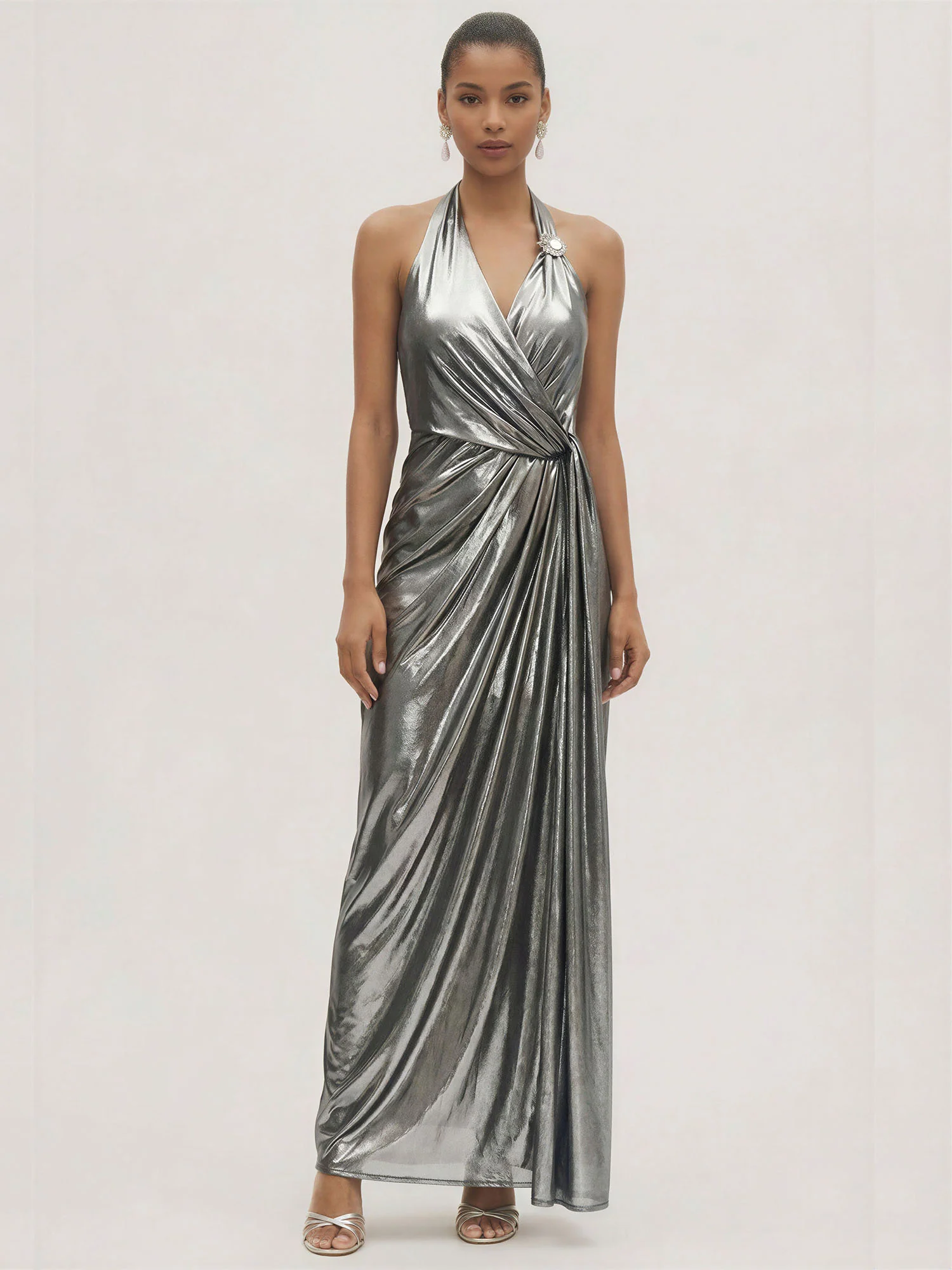 Wrap Front Halter Neck Metallic Gown