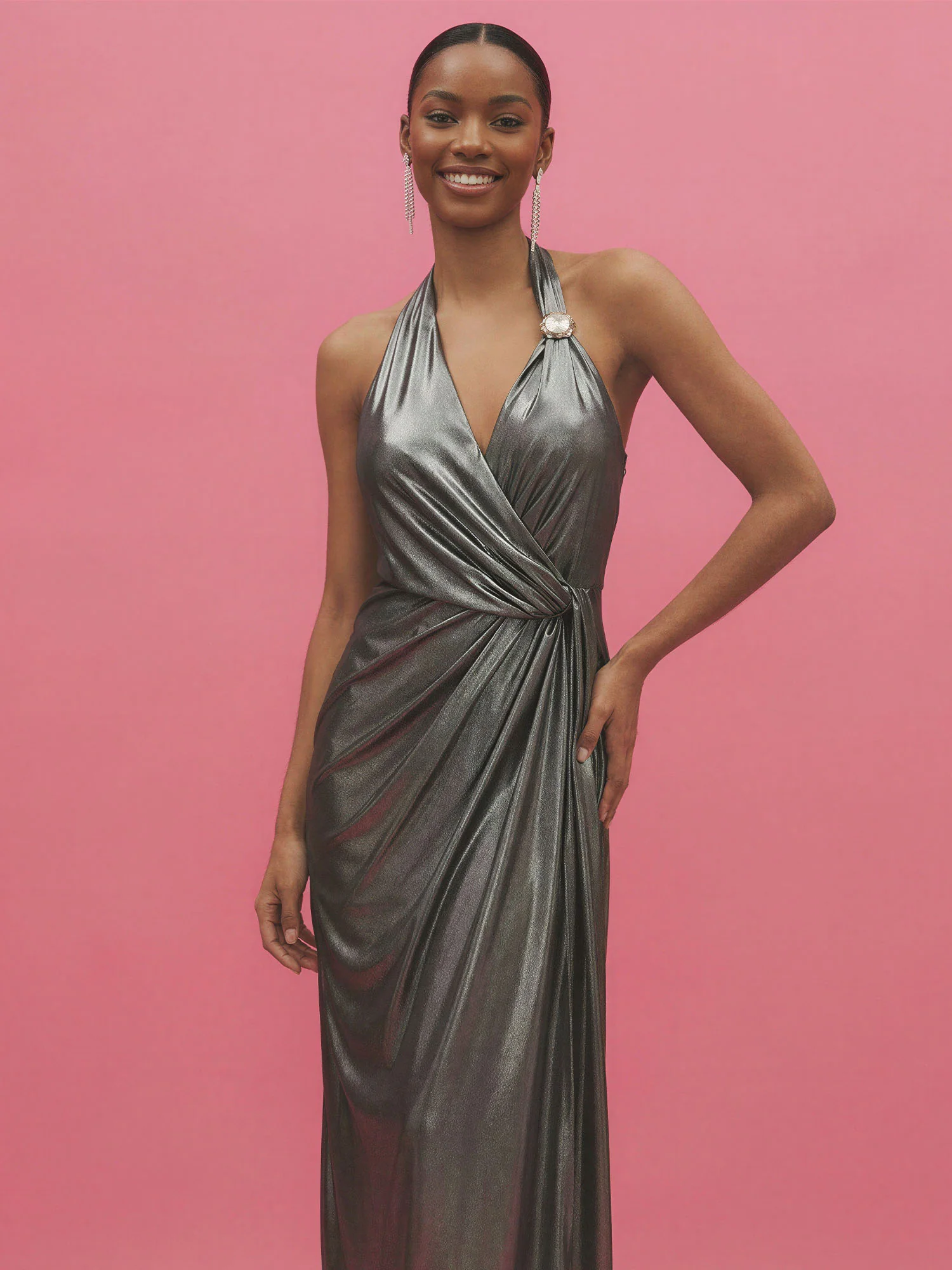 Wrap Front Halter Neck Metallic Gown - Image 2