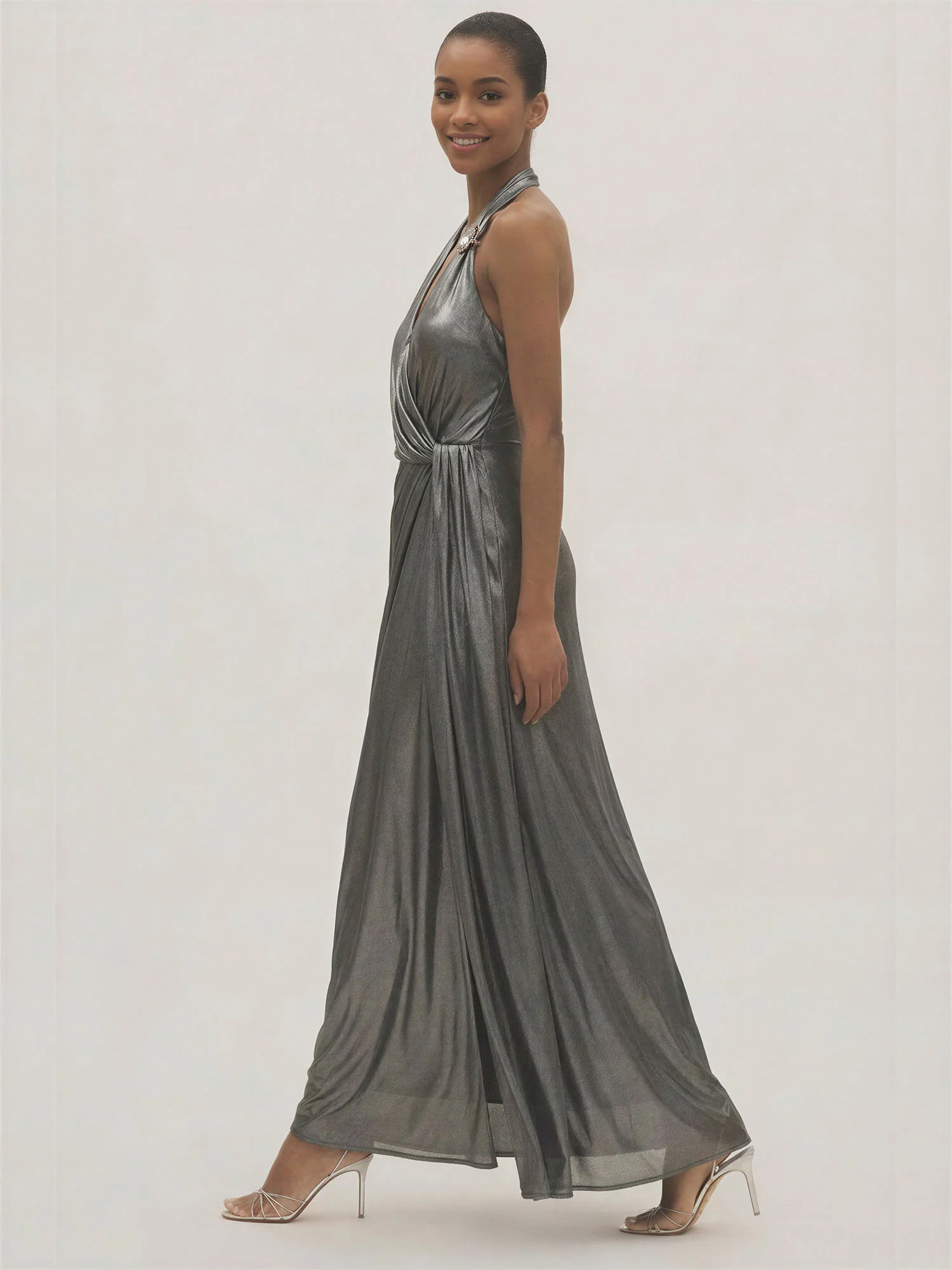 Wrap Front Halter Neck Metallic Gown - Image 3