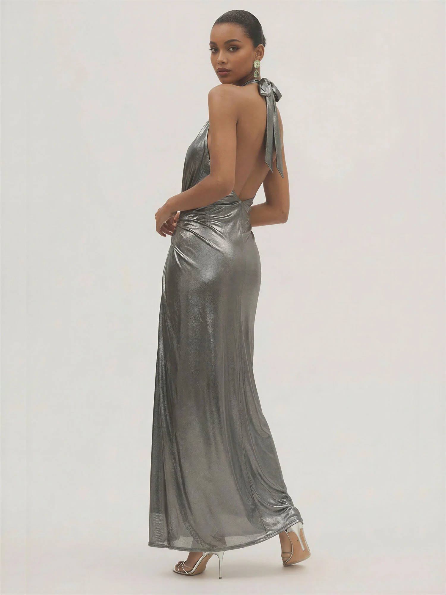 Wrap Front Halter Neck Metallic Gown - Image 4