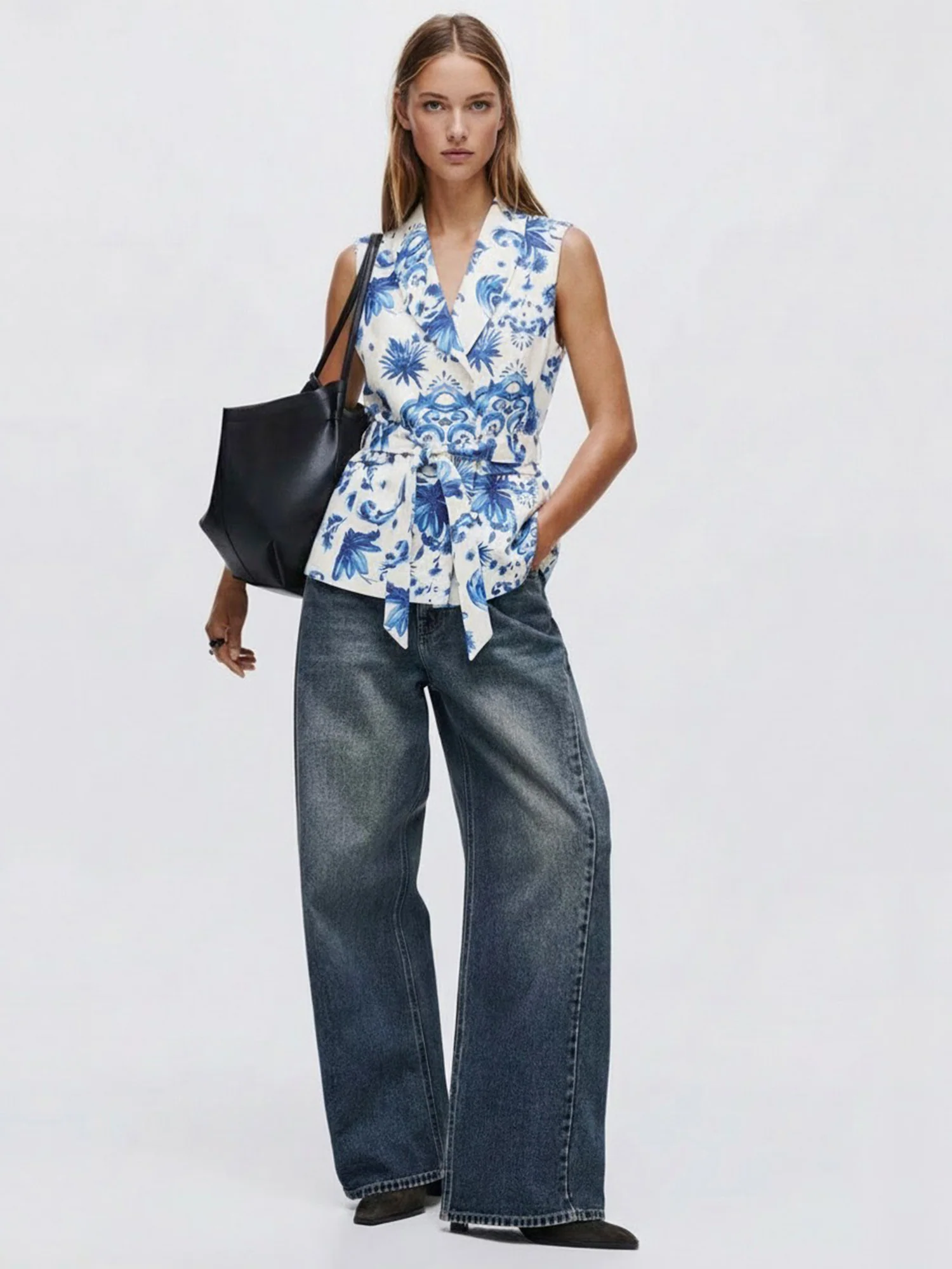 Sleeveless Belted Floral Print Jacket Vest - Image 2
