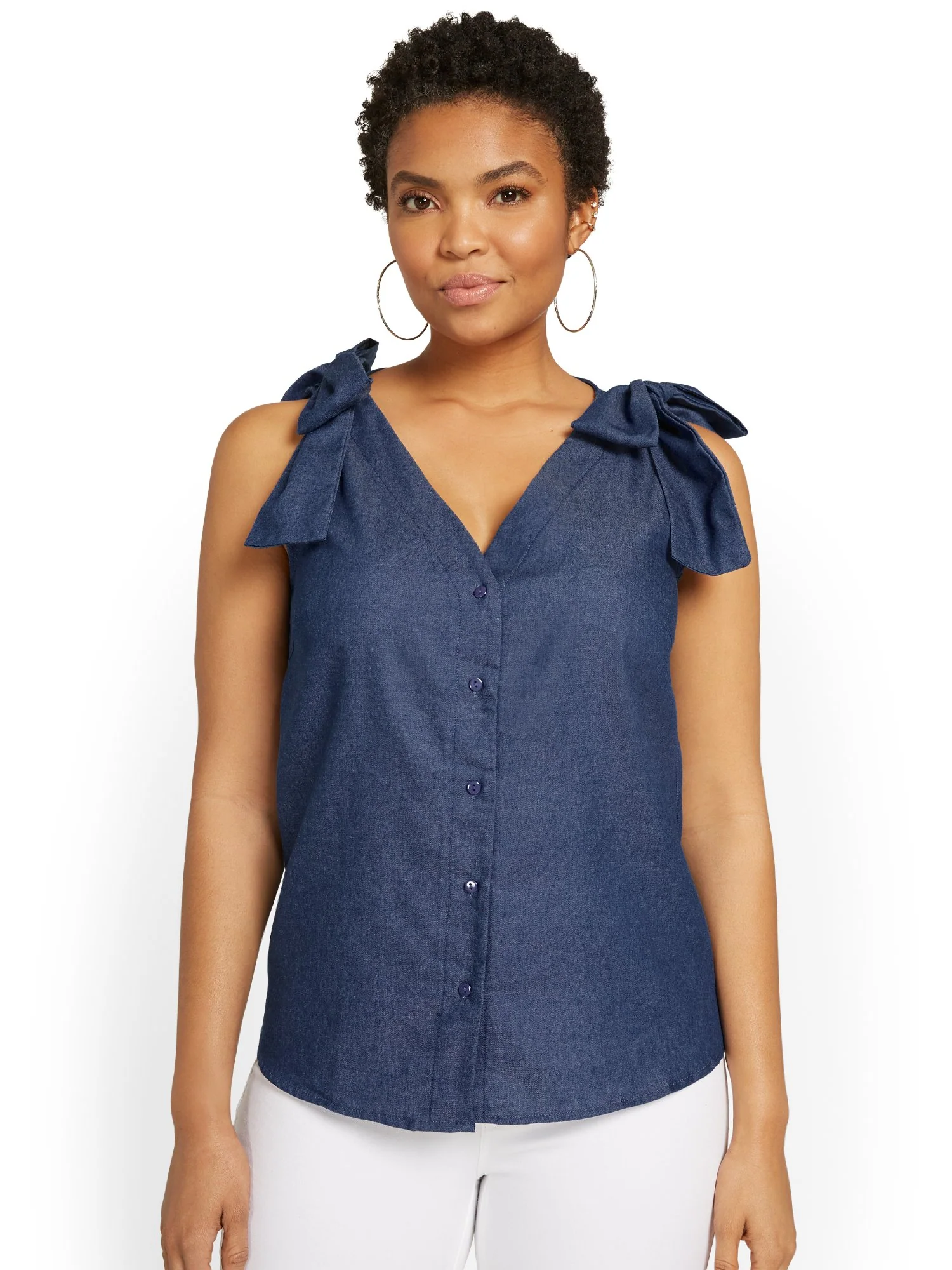 Sleeveless Bow-Accent Button-Front Top