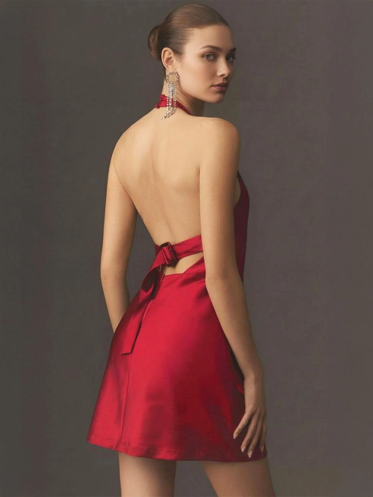 Buckle Back Satin Halter Mini Dress - Image 4