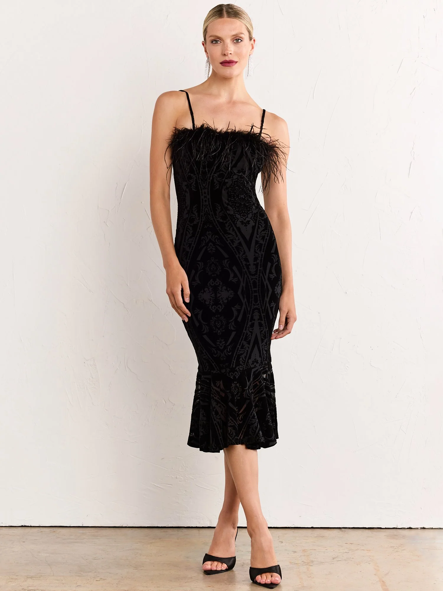 Fore Collection Sleeveless Burnout Velvet Feather Trim Midi Dress - Brands We Love