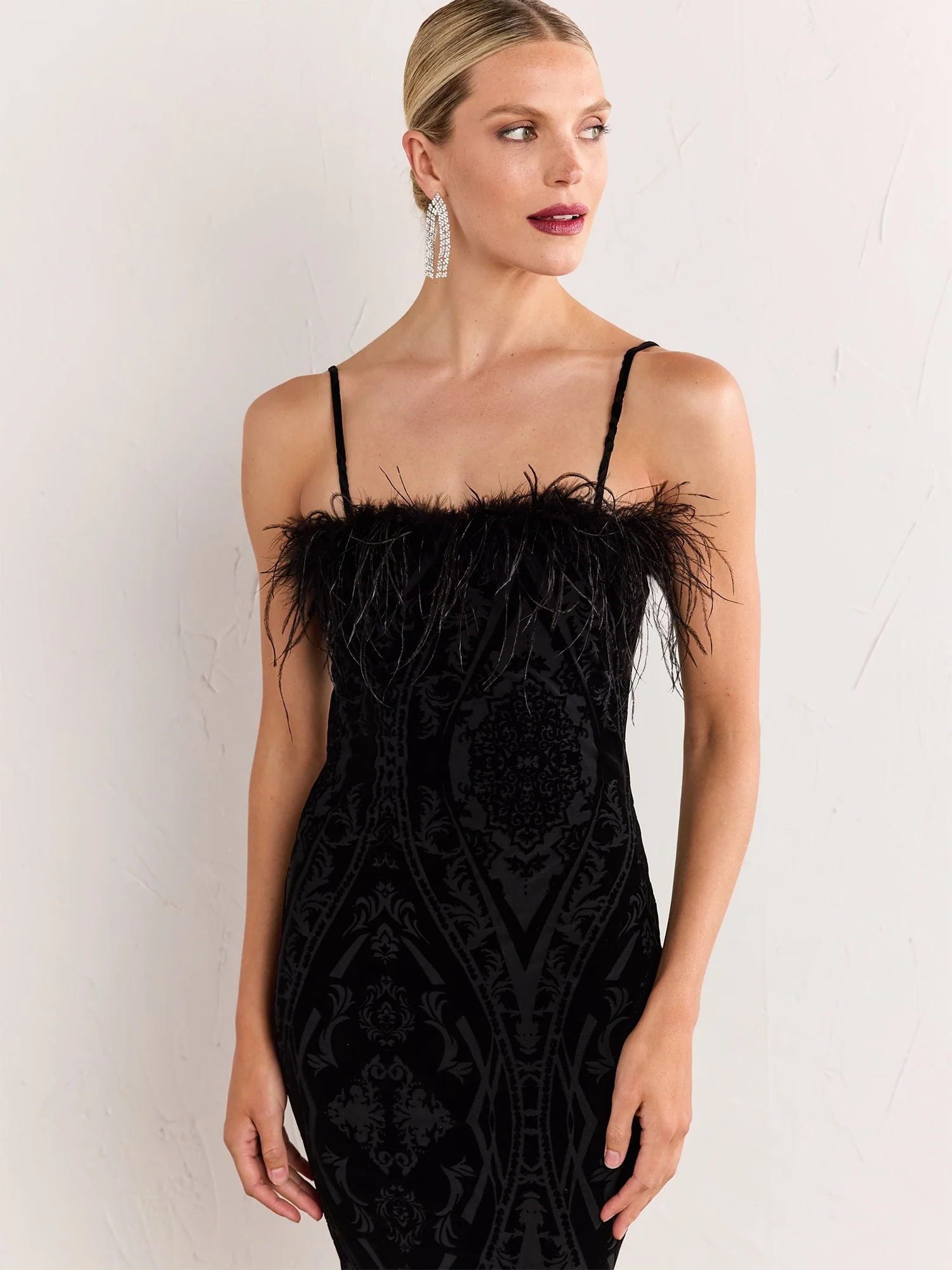 Fore Collection Sleeveless Burnout Velvet Feather Trim Midi Dress - Brands We Love - Image 3